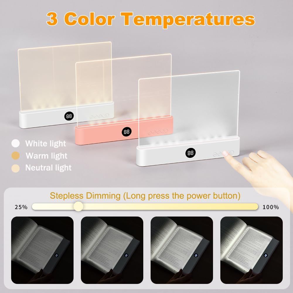 Demonstrates the product's adjustable lighting features, showing three color temperature options (white, warm, neutral) and stepless dimming capability from 25% to 100% brightness to reassure…