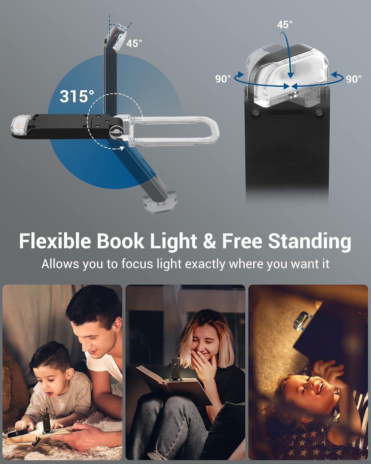 Demonstrates the product's physical flexibility and adjustability features, showing shoppers exactly how the light can be positioned and rotated to direct light where needed. Shows the product being…