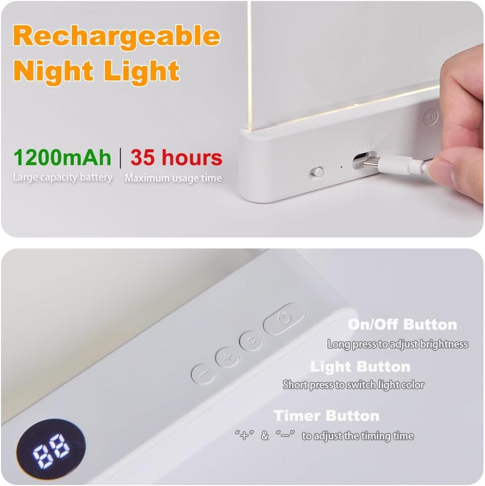 Communicates multiple key benefits of the night light including its large battery capacity (1200mAh), extended usage time (35 hours), and various control functions (on/off, brightness adjustment,…