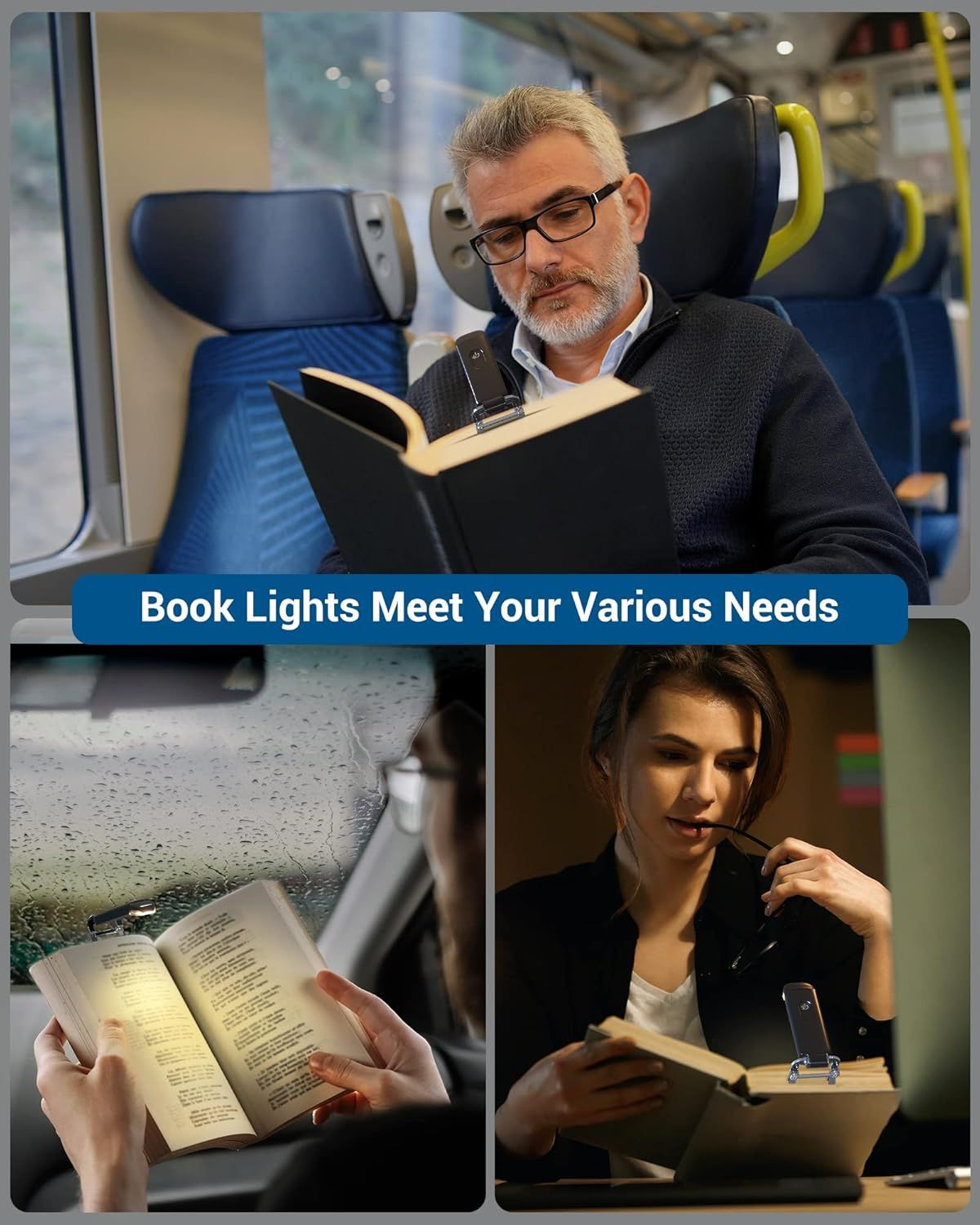 Demonstrates the versatility of the book light by showing it can be used in multiple real-world scenarios: on a train during commute, at home on a rainy day, and in a dim workspace, reassuring…