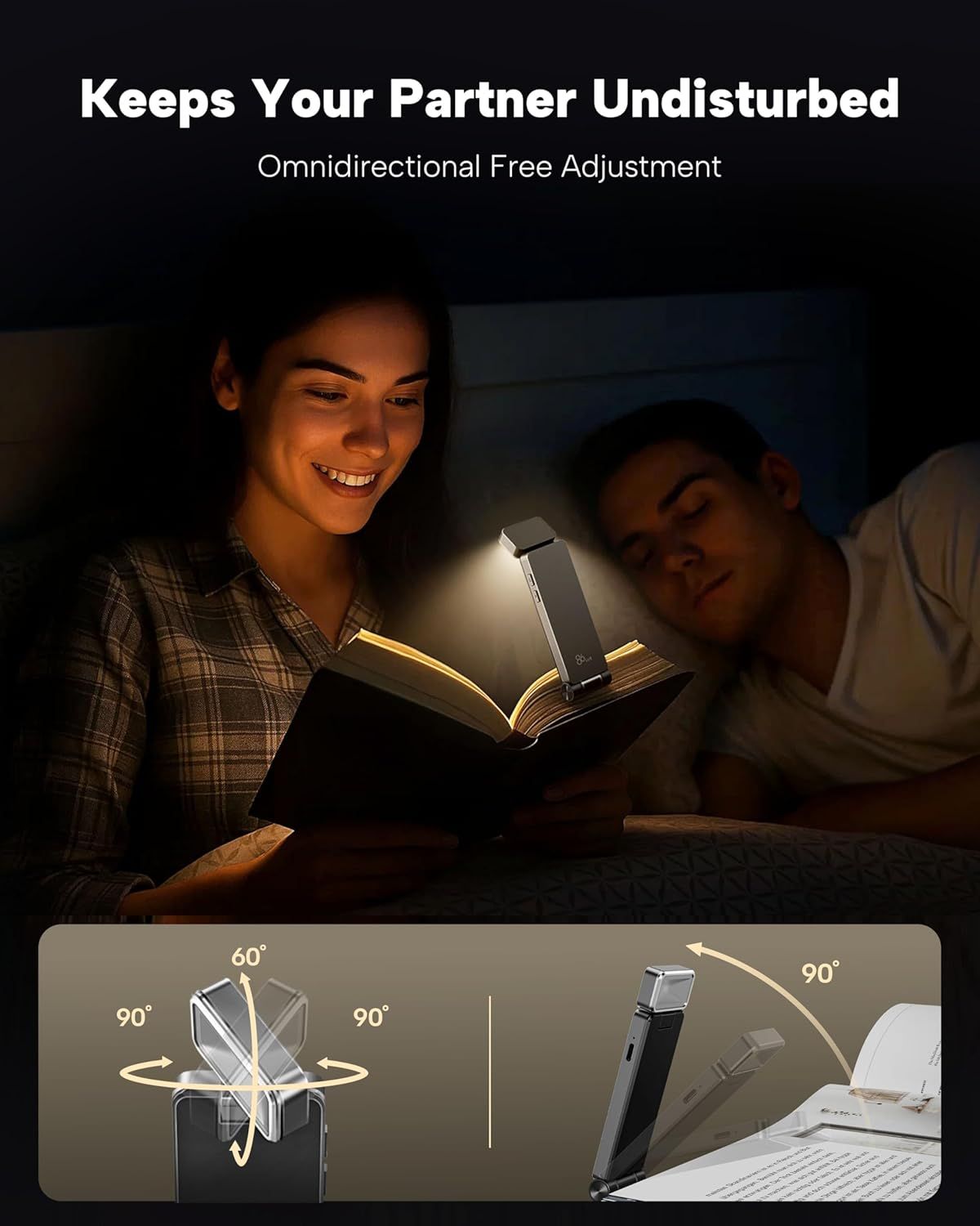 Communicates that the reading light can be adjusted in multiple directions without disturbing a sleeping partner, emphasizing convenience and thoughtful design for shared spaces.