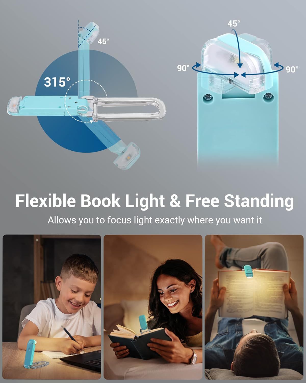 Demonstrates the product's physical flexibility and adjustability by showing the range of motion (315°, 45°, 90°) and how the light can be positioned exactly where needed. Shows the product being…