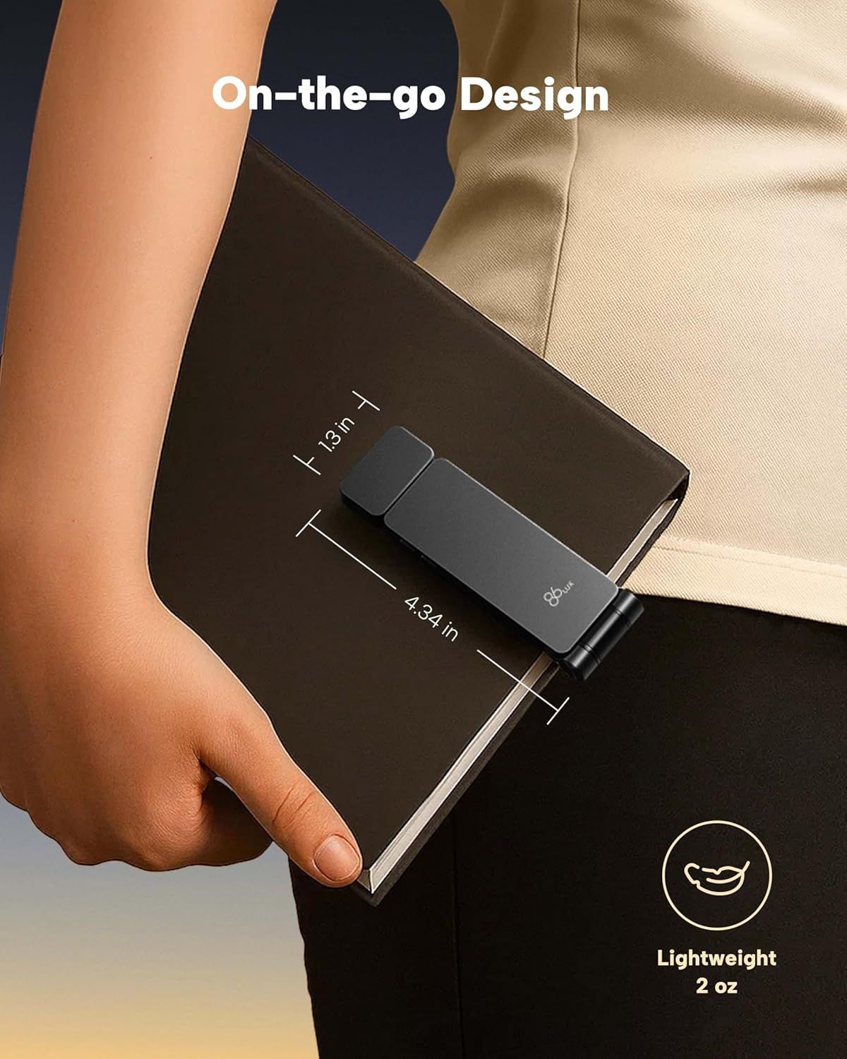 Communicates the product's portability by showing exact physical dimensions (13 inches and 4.34 inches) and weight (2 oz), reassuring shoppers that it's travel-friendly and easy to carry. Highlights…