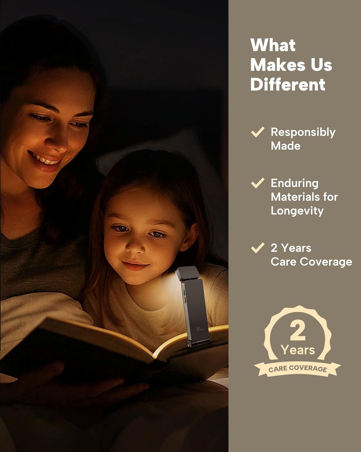 Communicates the brand's commitment to quality and sustainability by highlighting three distinct benefits: responsible manufacturing, durable materials, and extended warranty coverage.