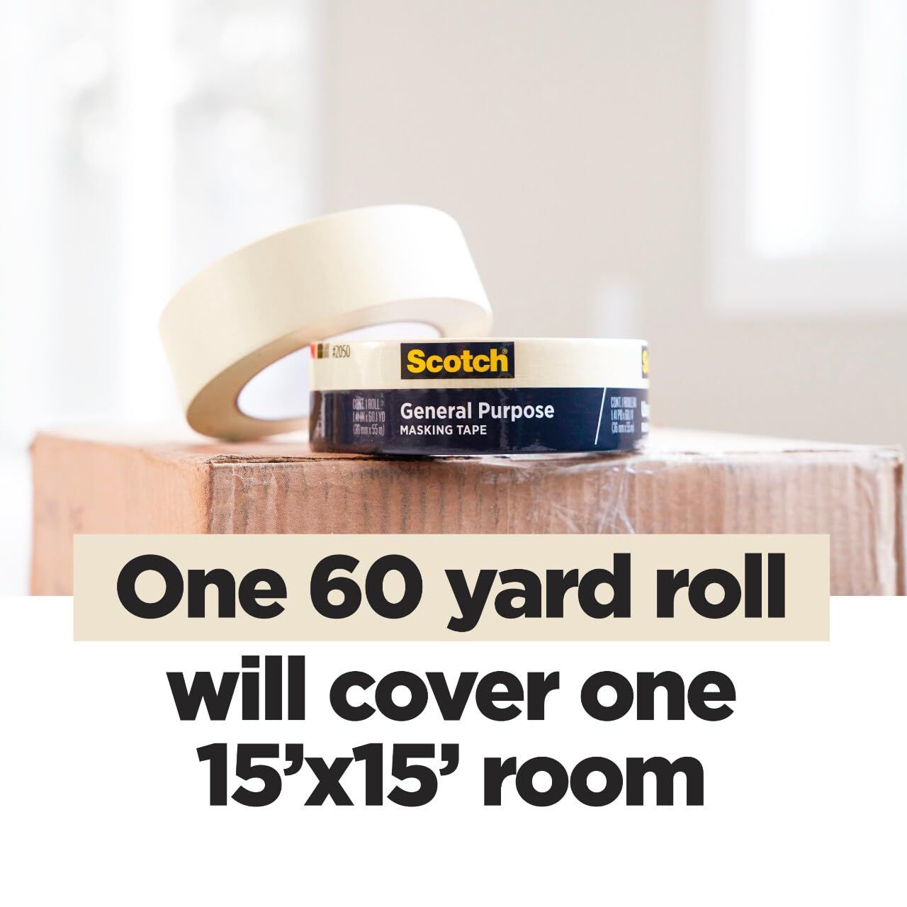 Communicates the product's coverage capacity by stating that one 60-yard roll can cover a 15'x15' room, helping shoppers understand how much tape they need for their project. Highlights the…