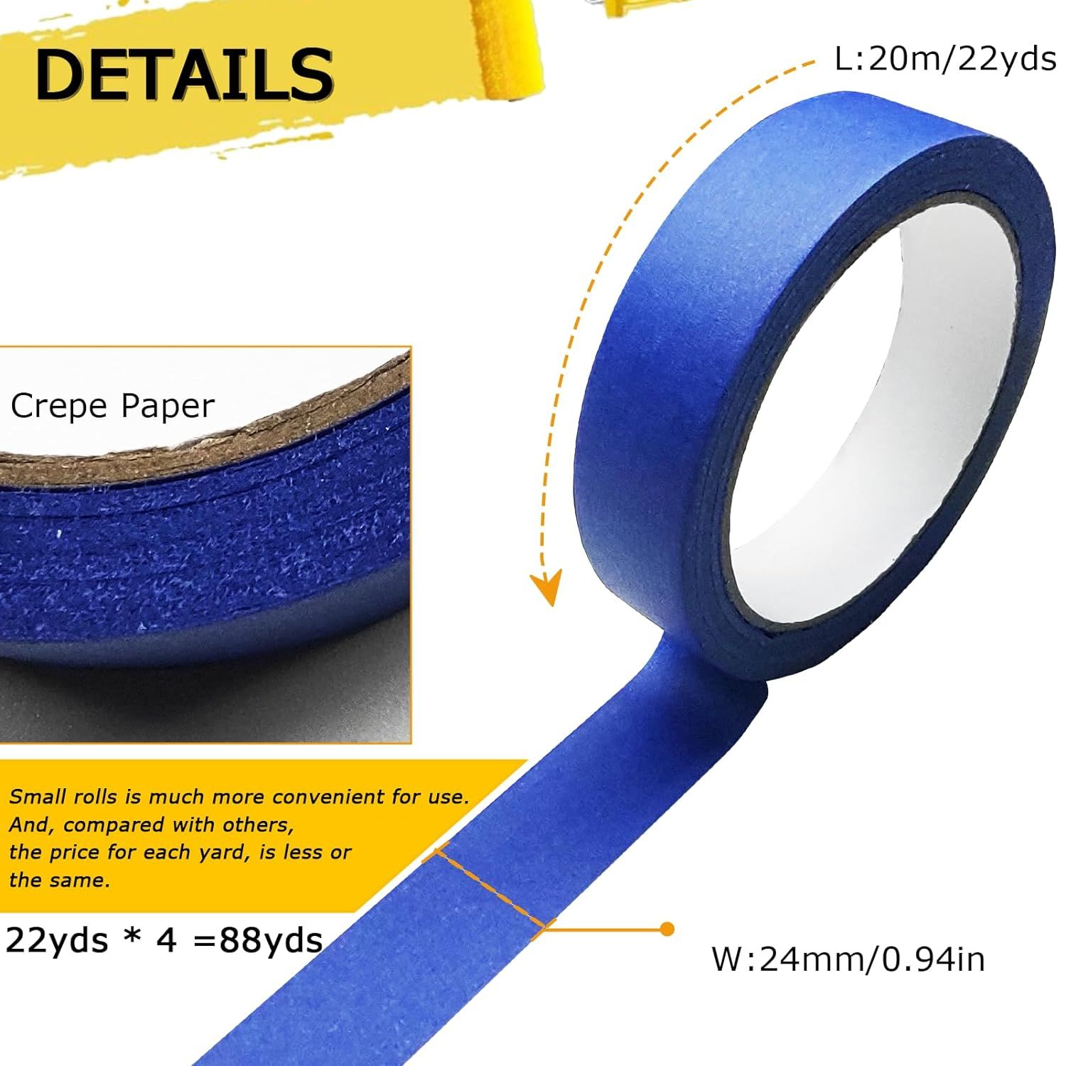 Breaks down the physical components and specifications of the painter's tape, highlighting the crepe paper material and exact dimensions to help shoppers understand the product's construction and…