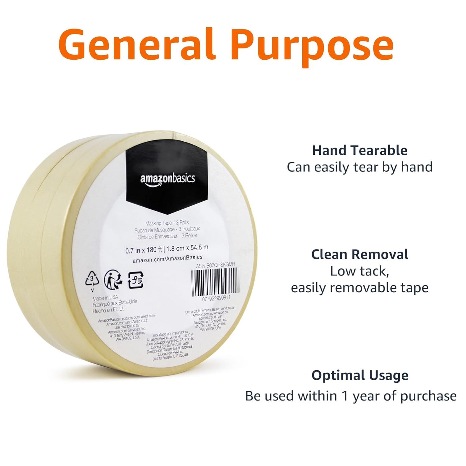 Communicates three distinct benefits of the masking tape: ease of tearing by hand, low-tack removability, and optimal usage timeframe to reassure shoppers of its versatility and convenience.
