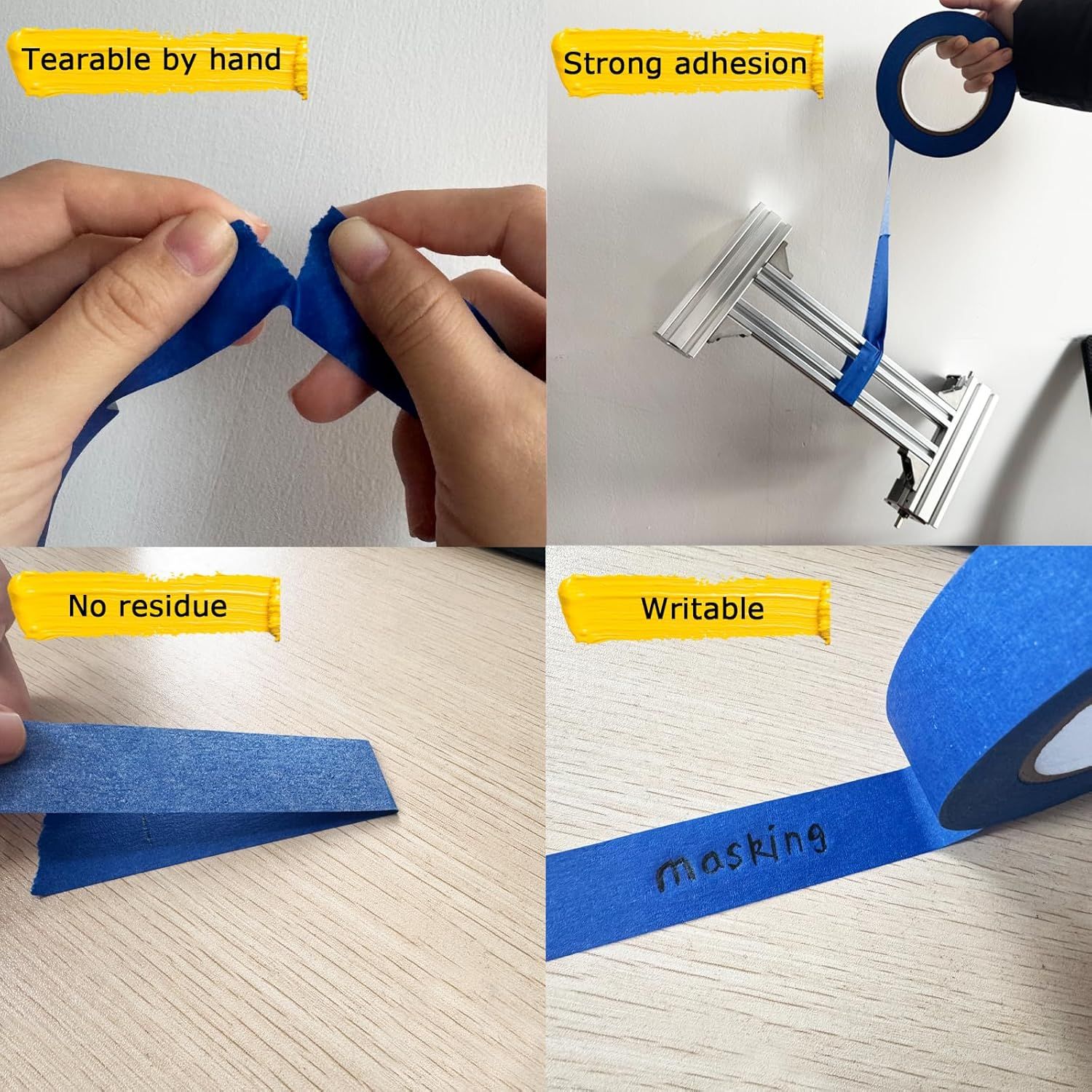 Communicates four distinct benefits of the masking tape in a segmented layout to show versatility and ease of use for various applications.