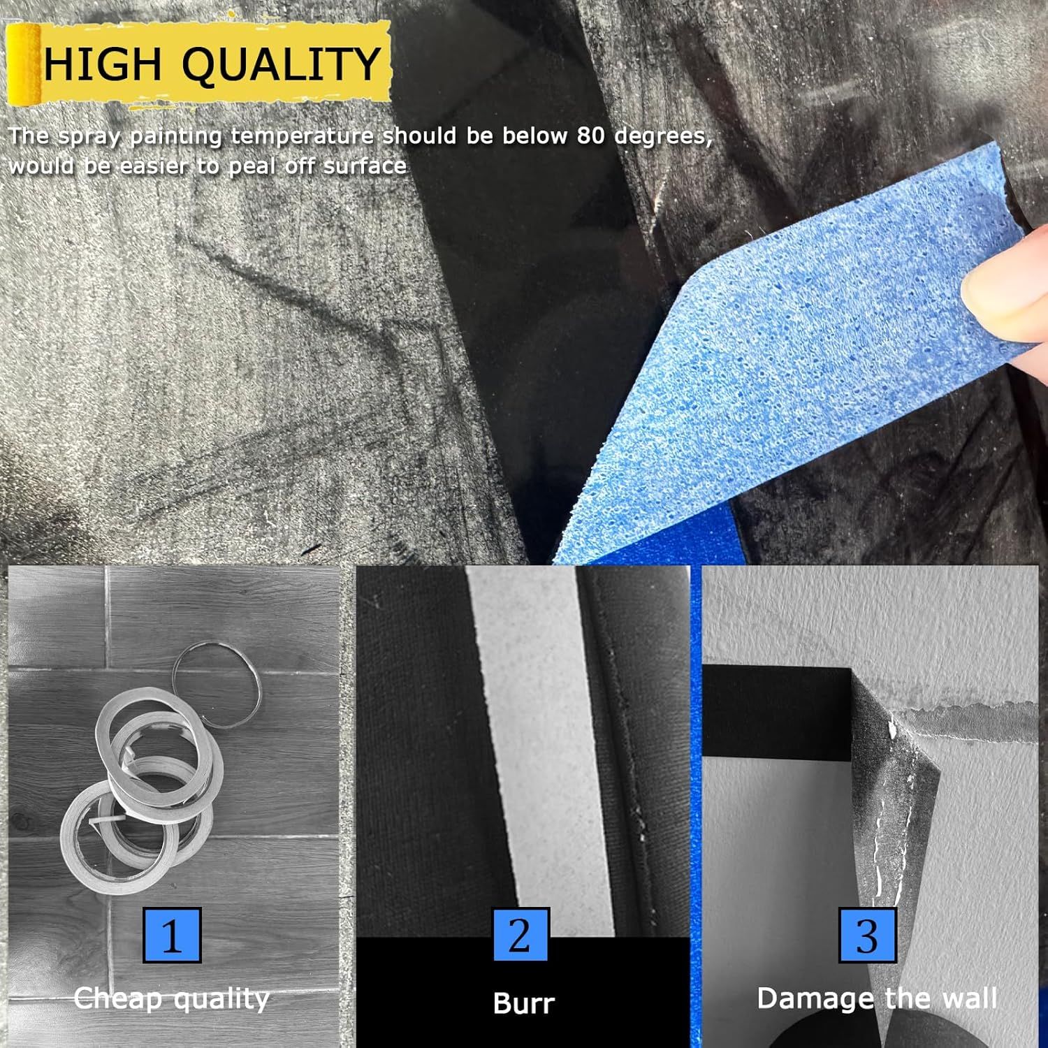Demonstrates the product's superior quality by comparing it to cheap alternatives, showing that it peels easily, has no burrs, and doesn't damage walls.