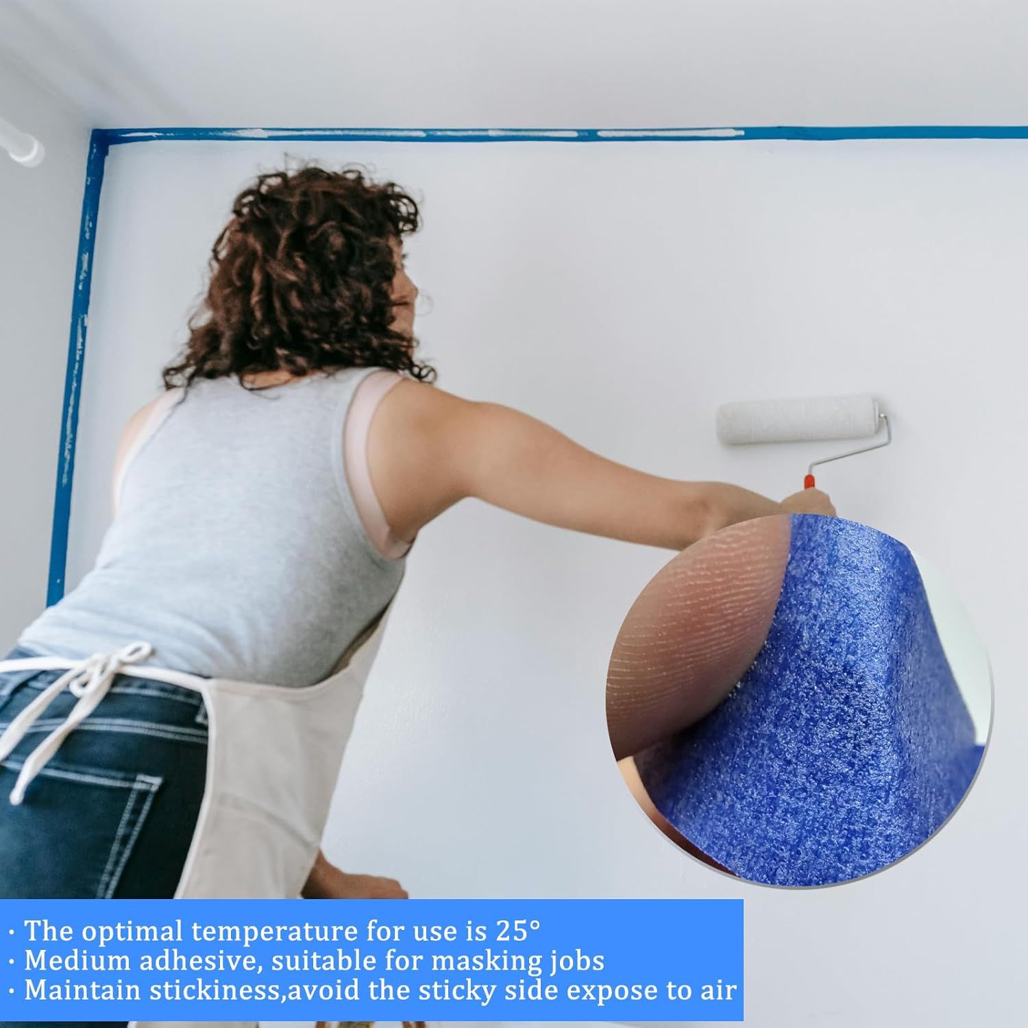 Communicates multiple technical benefits of the painter's tape including ideal usage temperature, adhesive strength for masking, and proper storage to maintain stickiness.