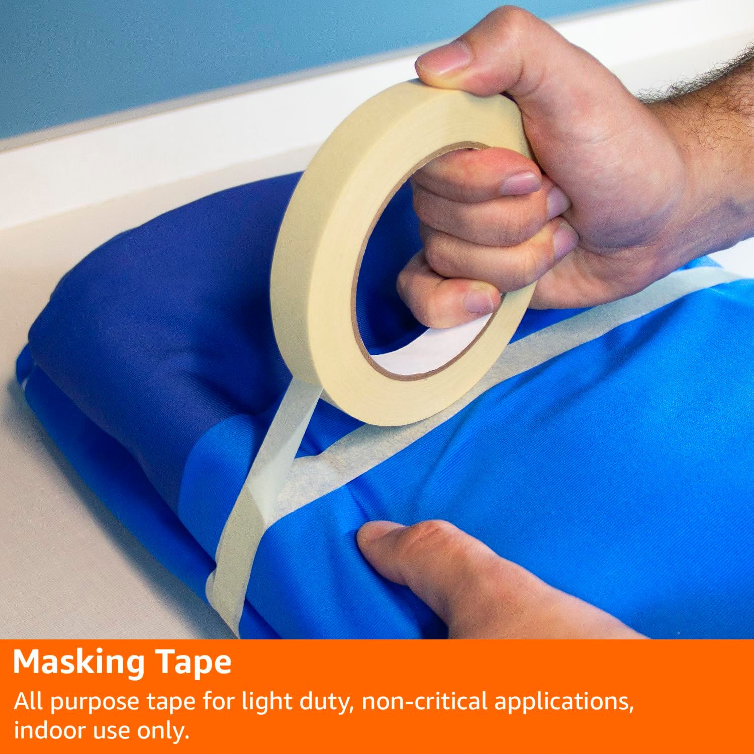 Demonstrates how to apply masking tape properly, showing the product in use to help shoppers understand the application process and ease of use. Communicates that this is an all-purpose masking tape…