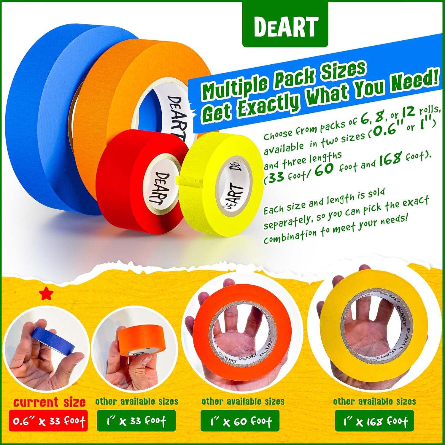 Showcases the brand's complete product lineup with multiple size and length options, helping shoppers choose the exact tape configuration that meets their needs.