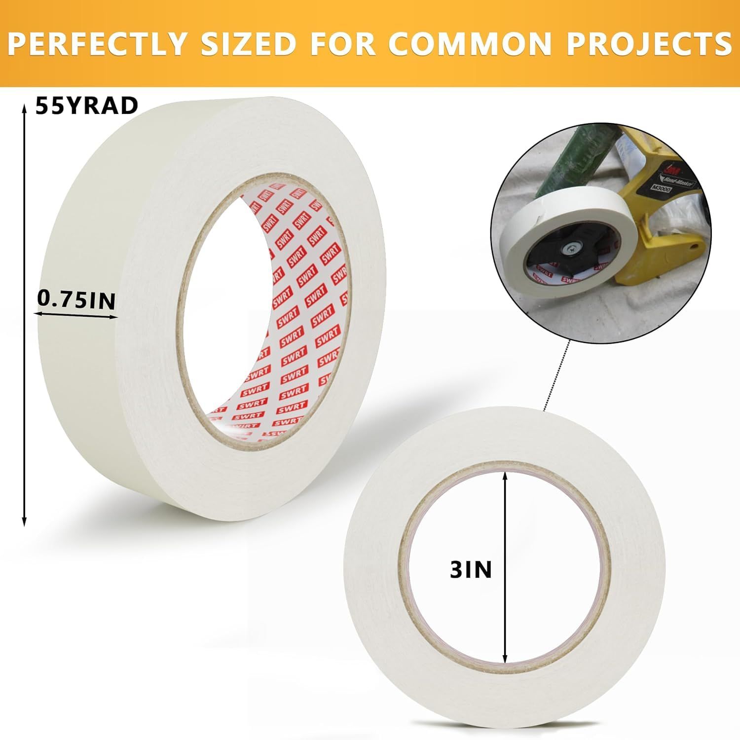 Communicates the exact physical measurements of the tape roll (55 yards length, 0.75 inch width, 3 inch core diameter) to help shoppers understand if the size fits their project needs. Shows the…