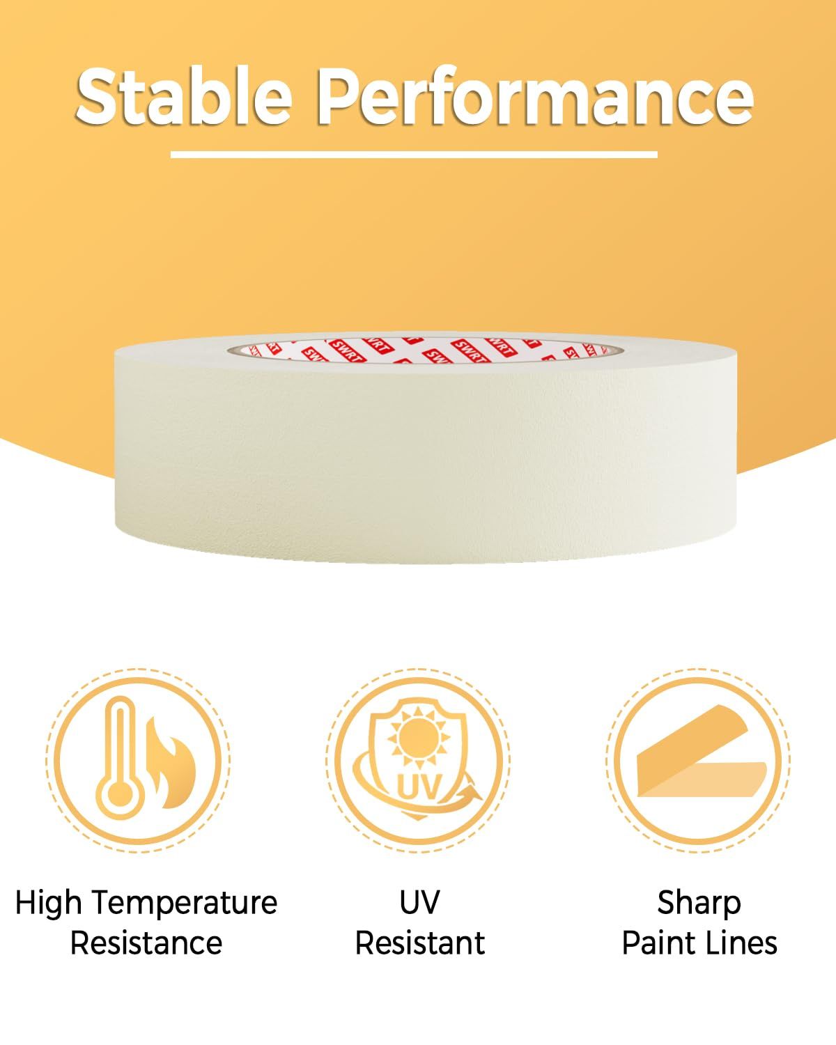 Communicates the tape's stable performance across three distinct benefits: heat resistance, UV protection, and clean paint application, reassuring shoppers of its reliability in multiple demanding…