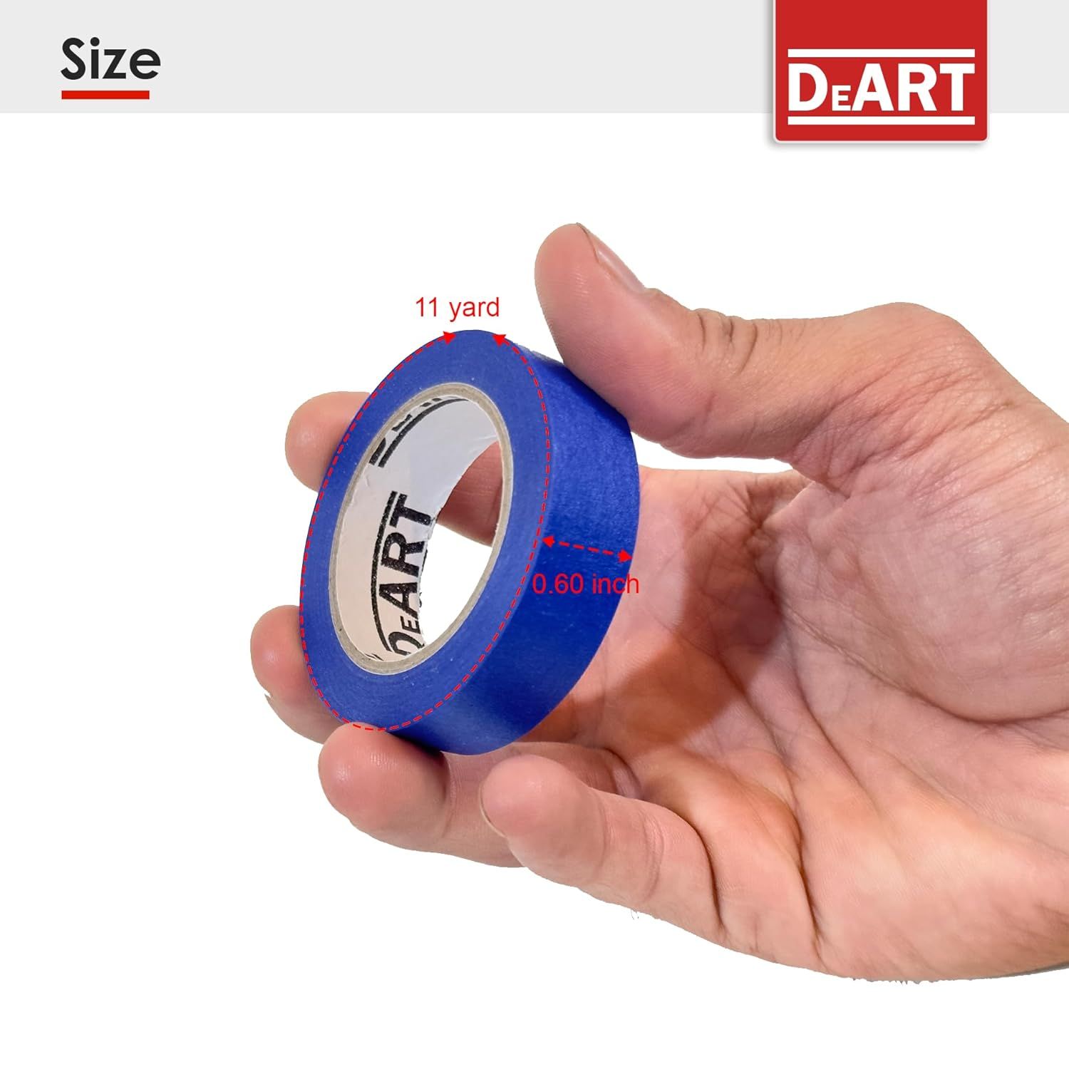 Communicates the exact physical dimensions of the tape roll (11 yards length and 0.60 inch width) using a hand for scale, helping shoppers understand the product's size before purchase.