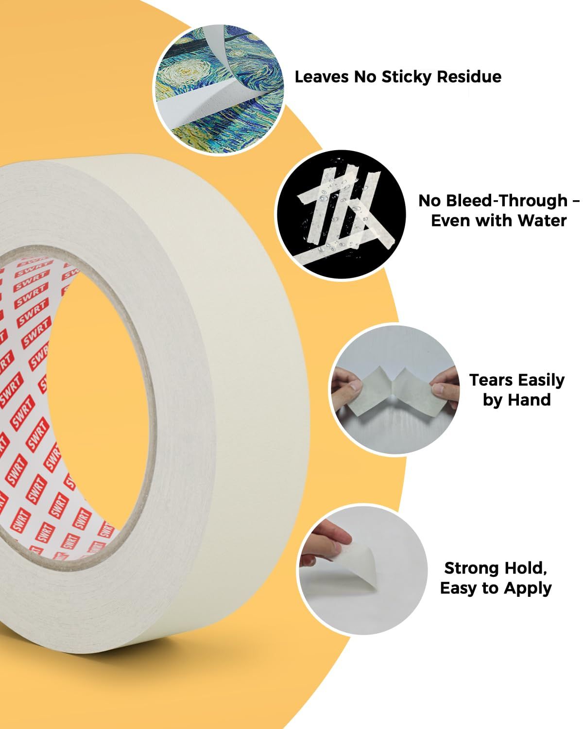 Communicates multiple key benefits of the tape product in a visually segmented layout to reassure shoppers of its quality, ease of use, and clean removal.