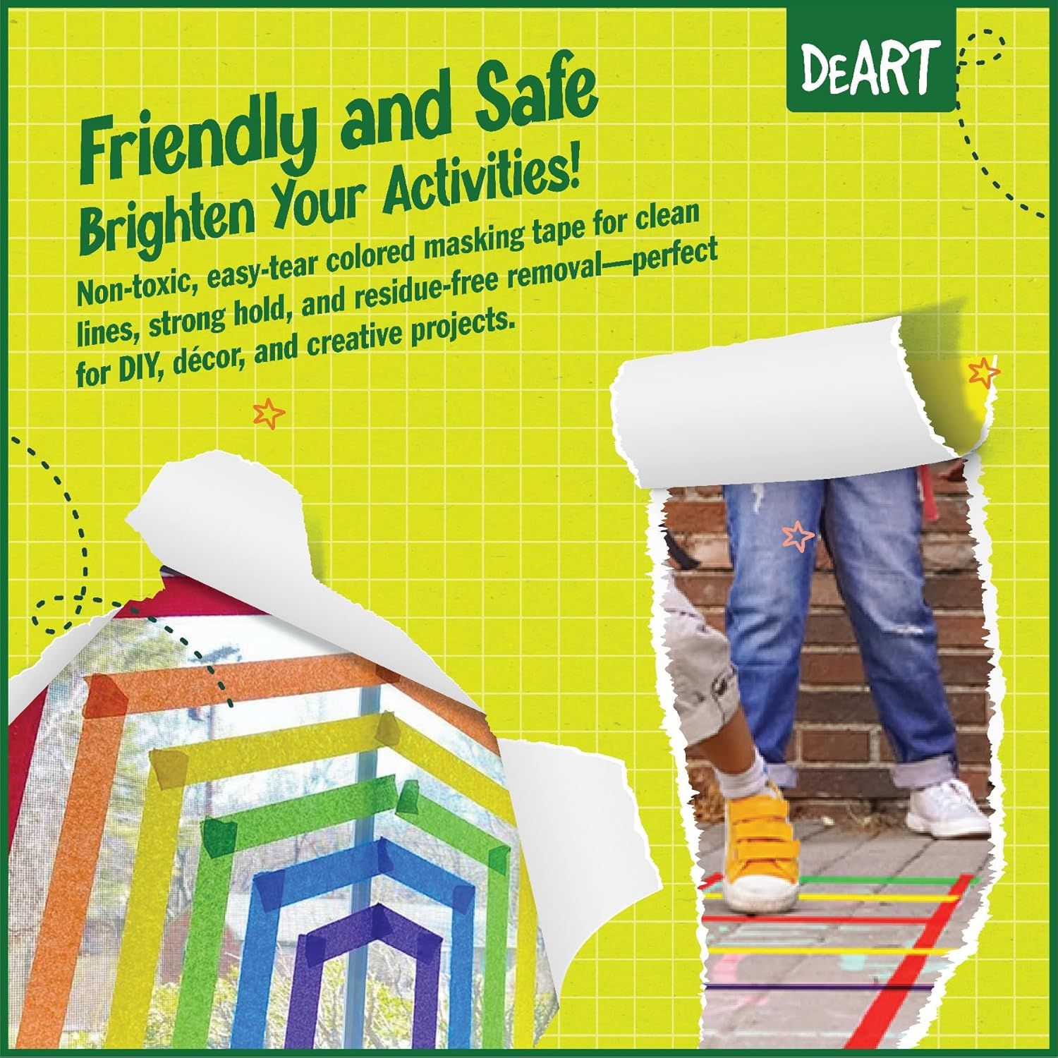 Demonstrates multiple use cases for the colored masking tape, showing it can be used for various creative projects like window decorations and outdoor activities to communicate versatility.…
