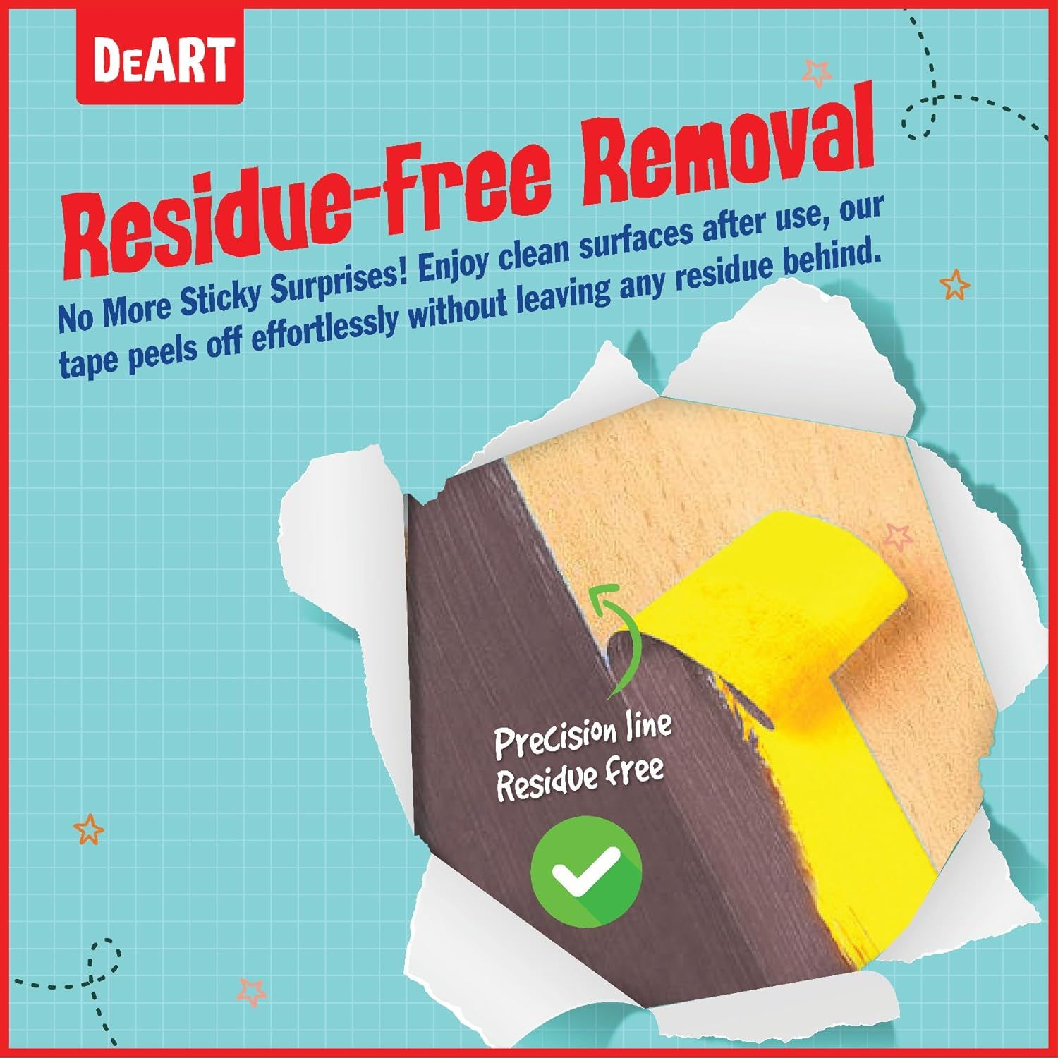 Communicates that the tape removes cleanly without leaving sticky residue behind, reassuring shoppers about ease of use and clean surfaces.