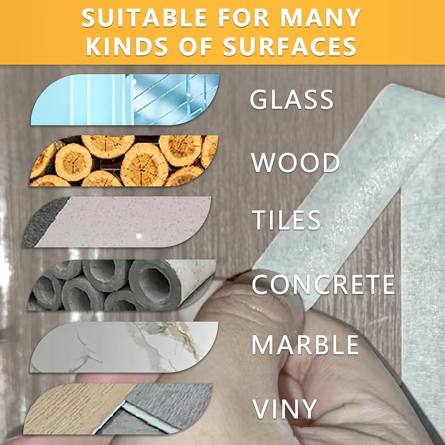 Demonstrates the product's versatility by showing it can be used on multiple surface types including glass, wood, tiles, concrete, marble, and vinyl, reassuring shoppers of its wide applicability.