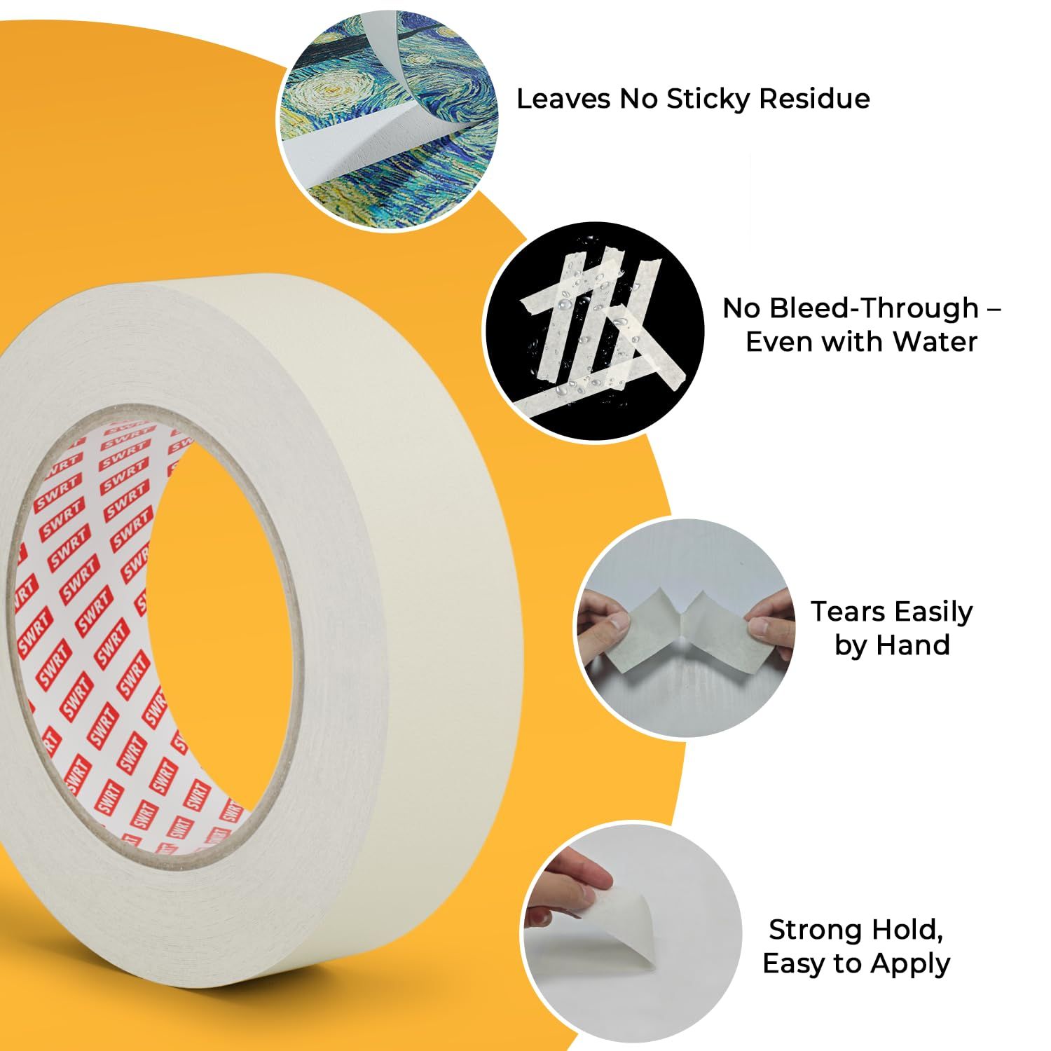 Communicates multiple key benefits of the tape product in a visually segmented layout to reassure shoppers of its quality, ease of use, and performance across different use cases.