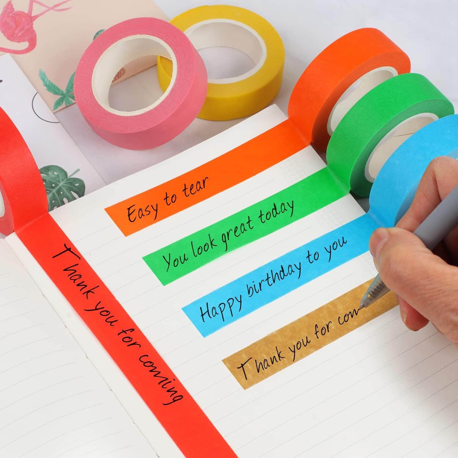 Demonstrates the product's easy-tear feature, showing that the colorful tape can be easily torn by hand without scissors, making it convenient for crafting and everyday use.