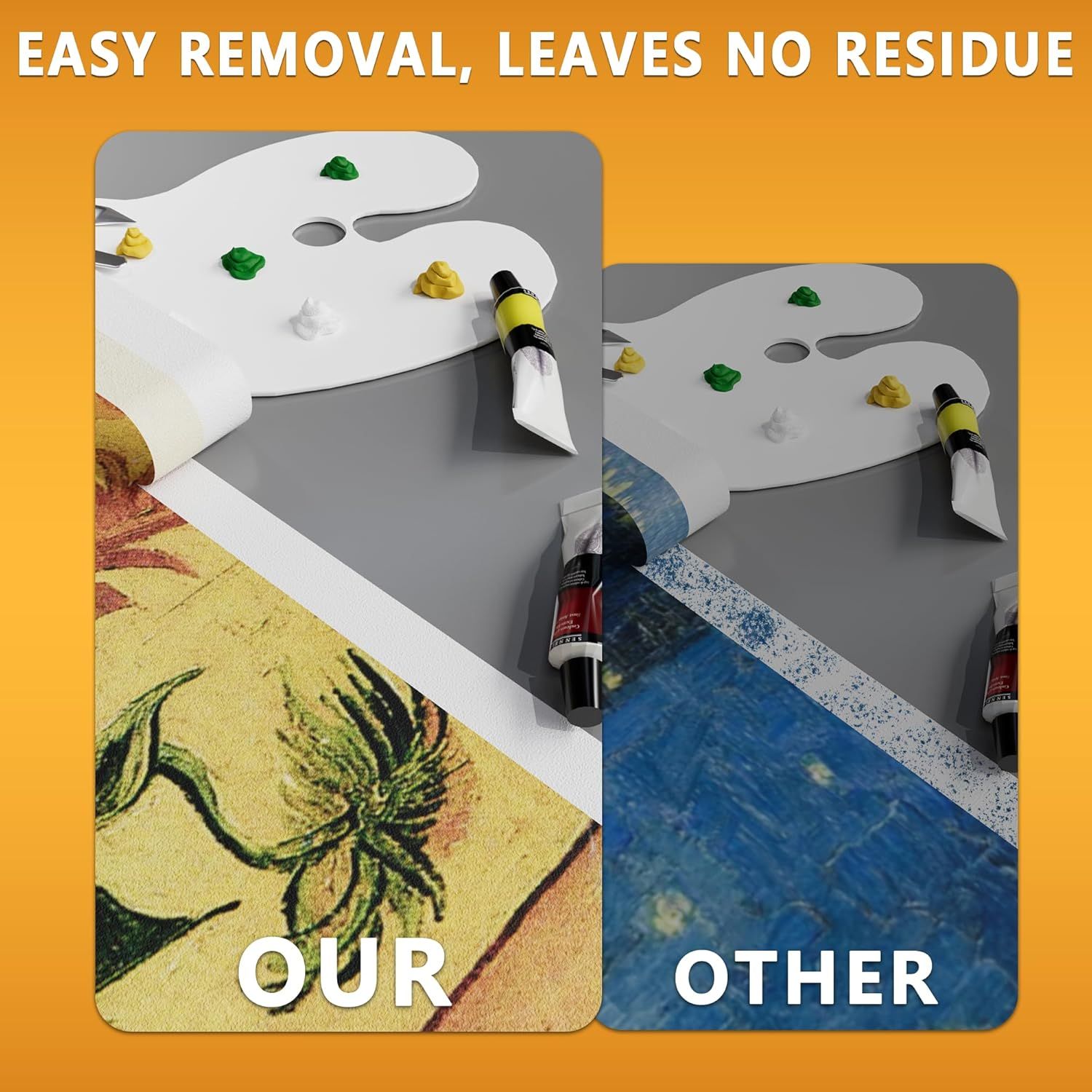 Demonstrates that this product removes cleanly from surfaces without leaving residue, unlike competing products that leave marks behind. Reinforces the key benefit that the product is easy to remove…