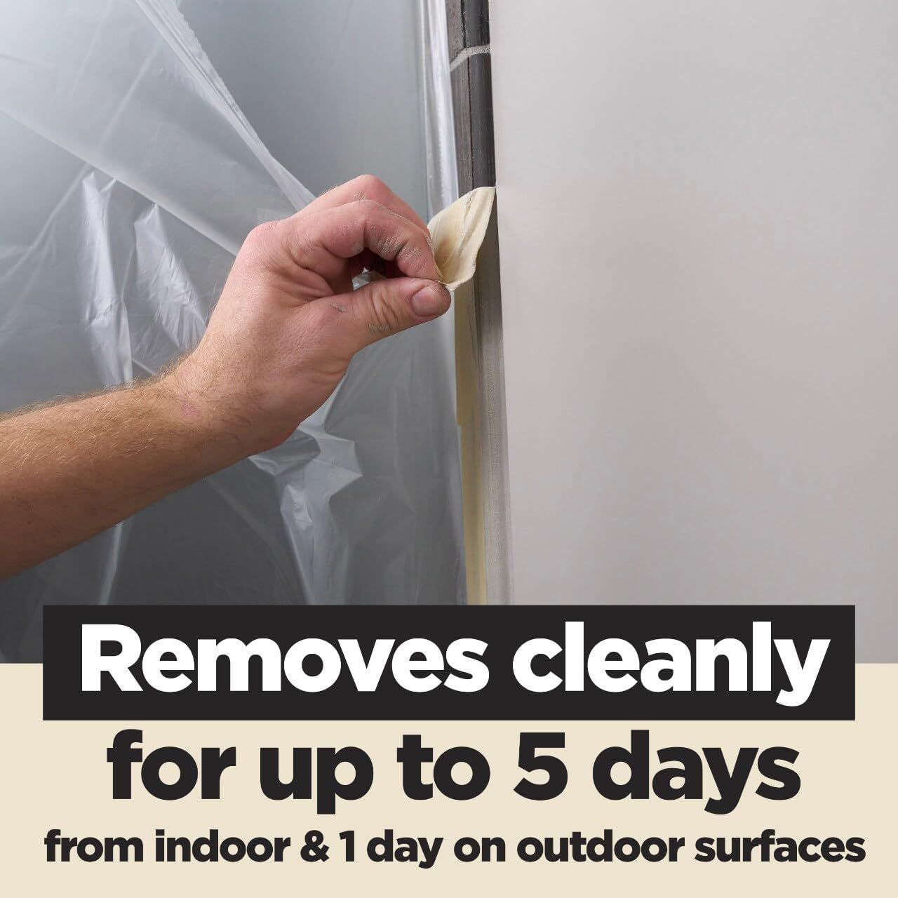 Communicates that the product (likely painter's tape or masking tape) removes cleanly without residue for up to 5 days indoors and 1 day outdoors, reassuring customers about ease of use and no-mess…