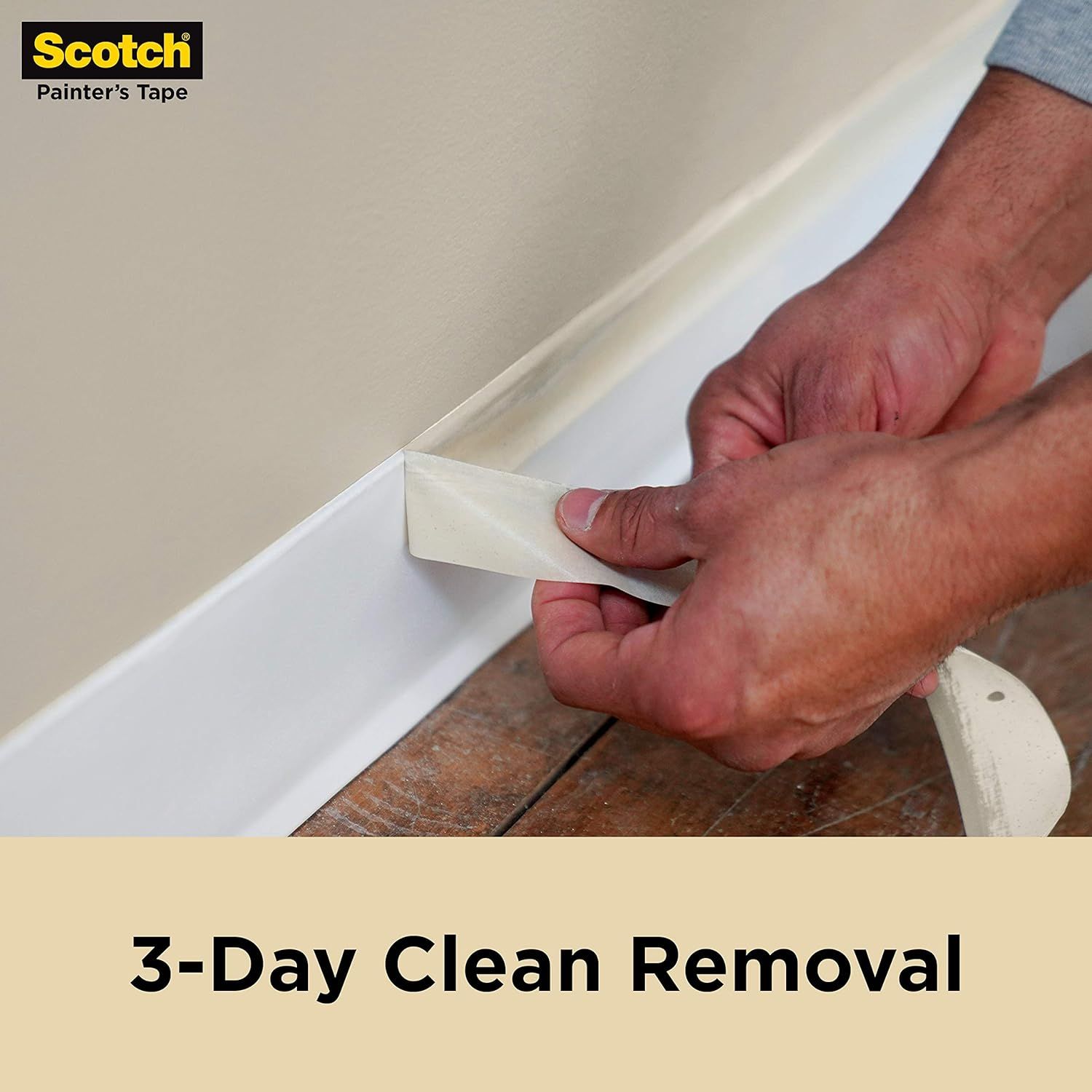 Communicates that the painter's tape can be removed cleanly within 3 days without leaving residue, reassuring shoppers about ease of use and clean results.