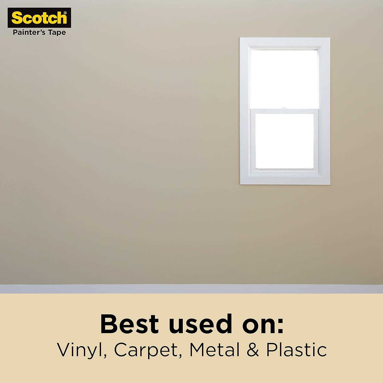 Communicates the versatility of the painter's tape by showing it works on multiple surface types including vinyl, carpet, metal, and plastic.