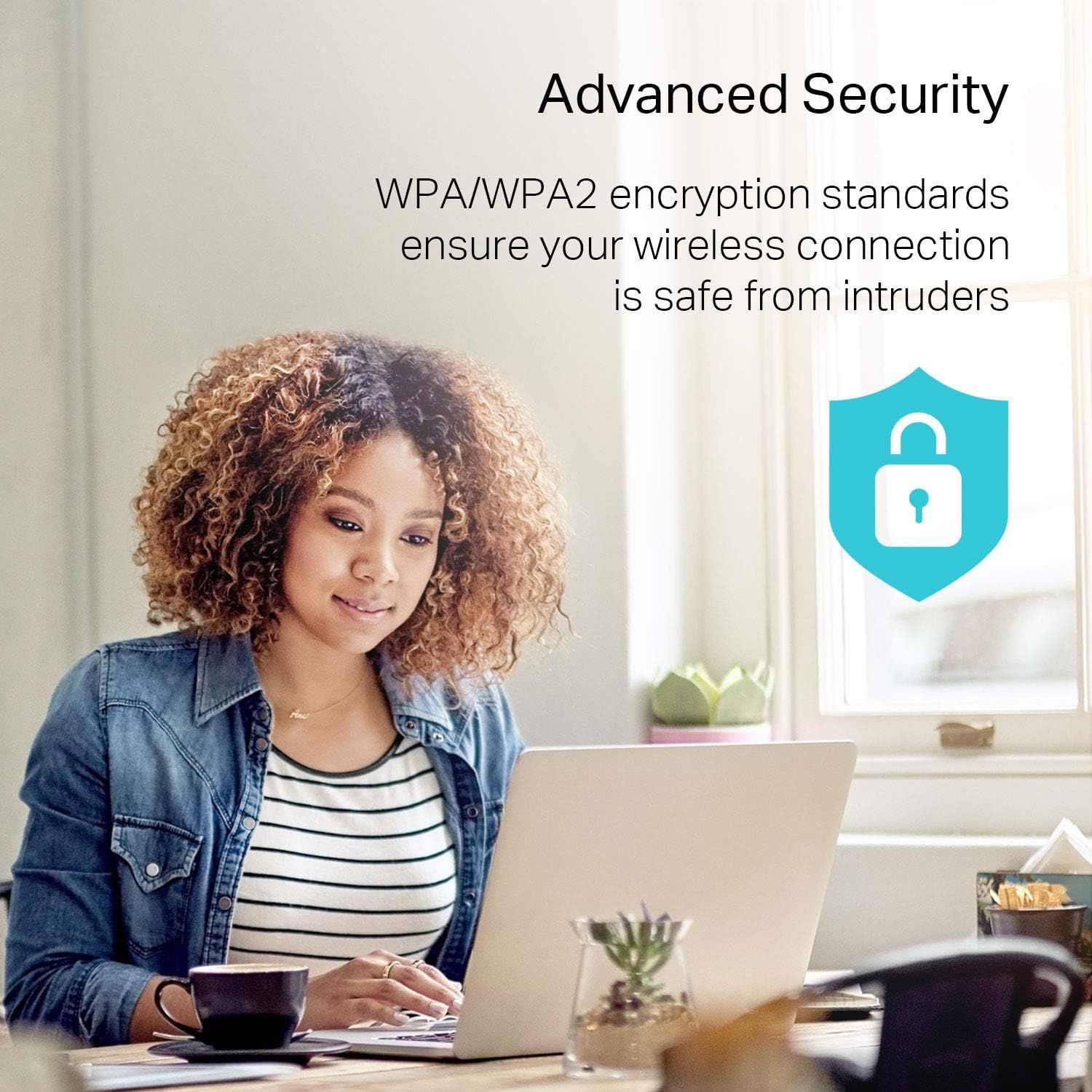 Communicates that the product provides advanced wireless security through WPA/WPA2 encryption standards, reassuring shoppers that their connection is protected from intruders.