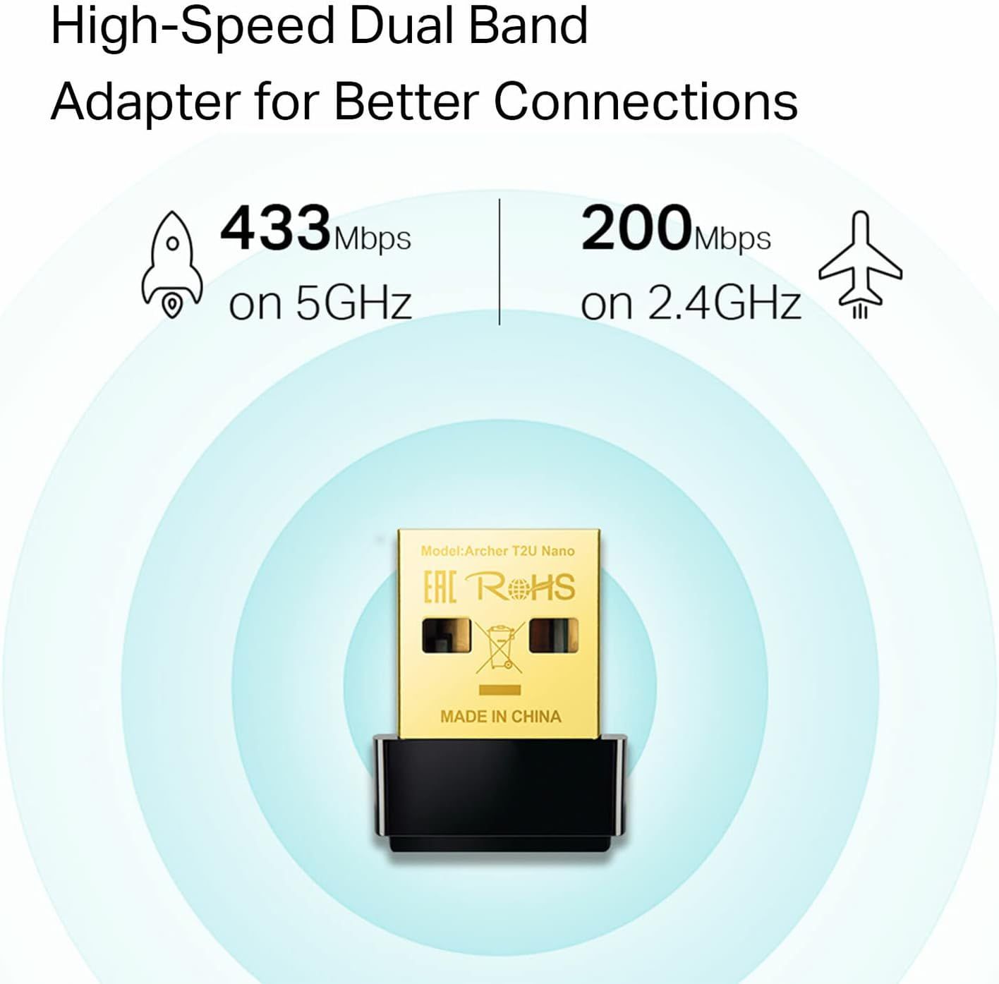 Communicates that the adapter supports dual-band WiFi with specific speed metrics on both 5GHz and 2.4GHz bands, reassuring shoppers of fast and reliable connectivity.