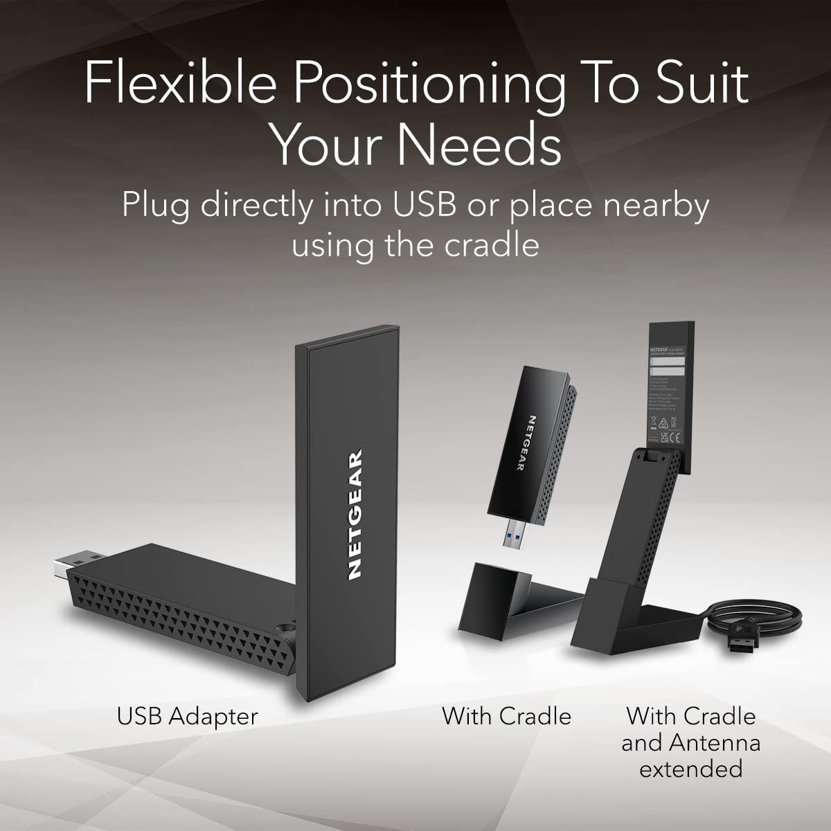 Demonstrates the product's versatility by showing three different setup configurations (USB adapter, with cradle, with cradle and antenna extended) to reassure shoppers they can position and use the…