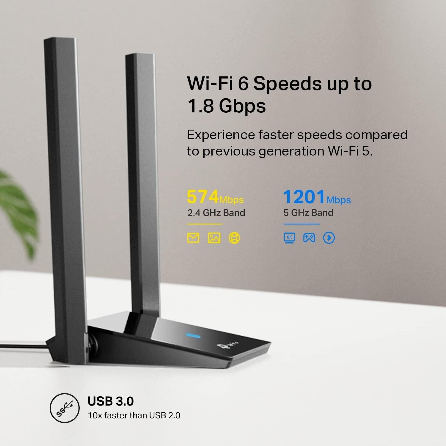 Communicates multiple technical benefits of the router including Wi-Fi 6 speeds up to 1.8 Gbps, dual-band performance (574 Mbps on 2.4 GHz and 1201 Mbps on 5 GHz), and USB 3.0 connectivity that is…