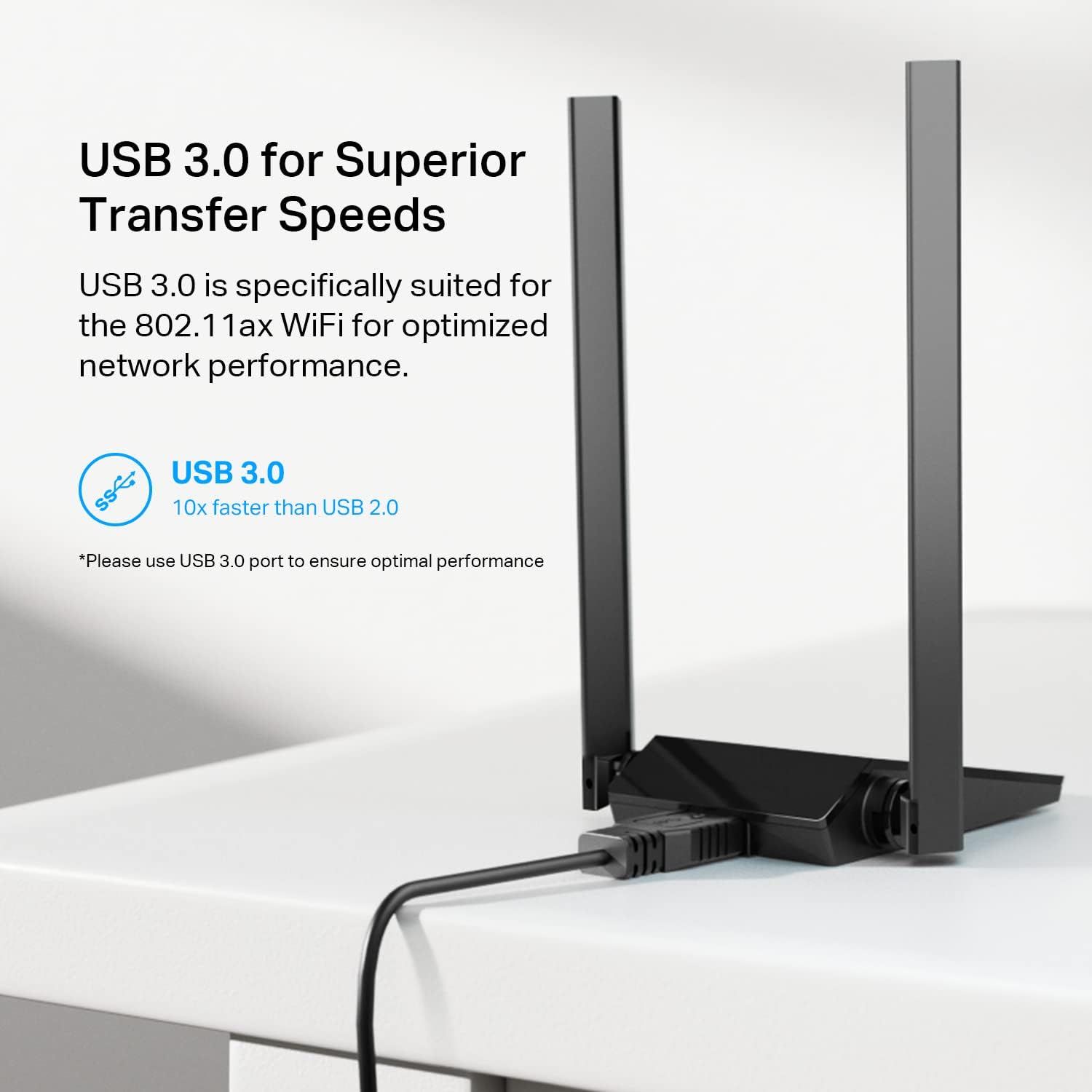 Communicates the superior transfer speed of USB 3.0 technology, emphasizing it is 10x faster than USB 2.0 to reassure shoppers of optimized network performance. Highlights the key benefit of USB 3.0…