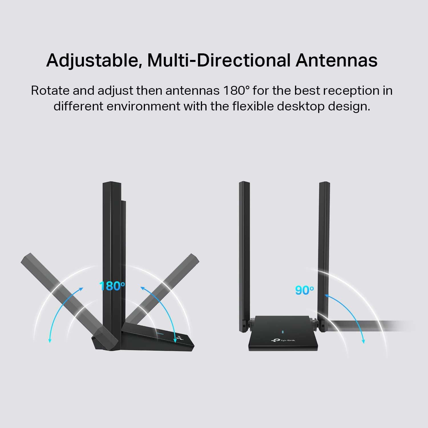 Communicates that the antennas can be rotated and adjusted 180 degrees for optimal reception in different environments, emphasizing flexibility and customization for better performance.