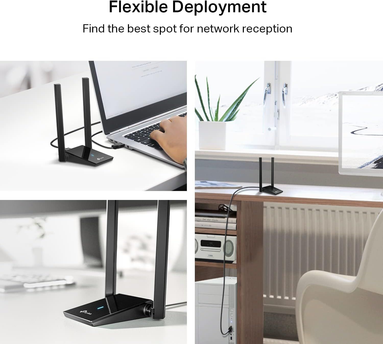 Demonstrates that the router can be placed in multiple locations throughout the home or office to optimize network reception, emphasizing flexibility and ease of positioning.