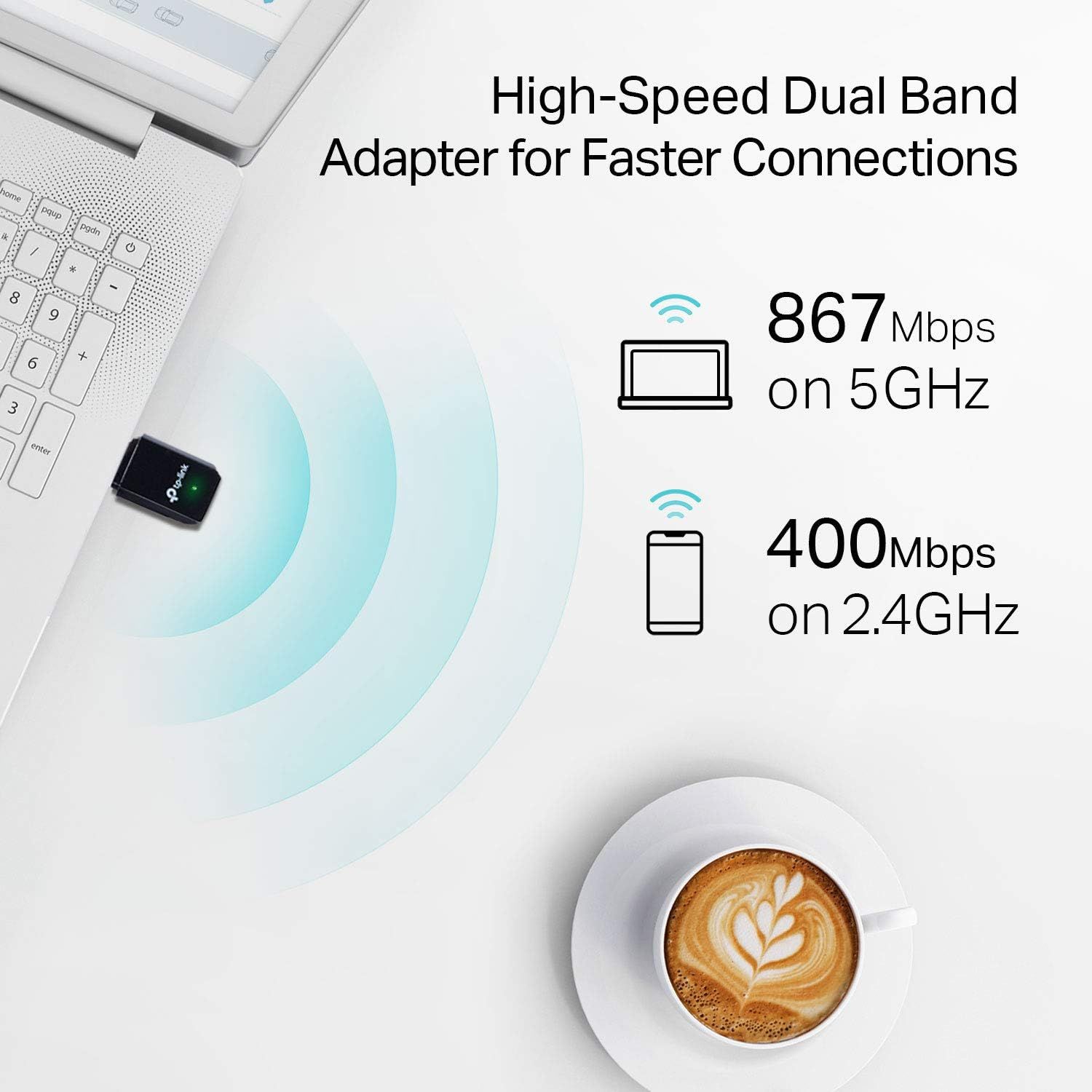Communicates the adapter's dual-band speed capabilities with specific performance metrics to demonstrate fast wireless connectivity for both laptop and mobile devices. Highlights the core benefit of…