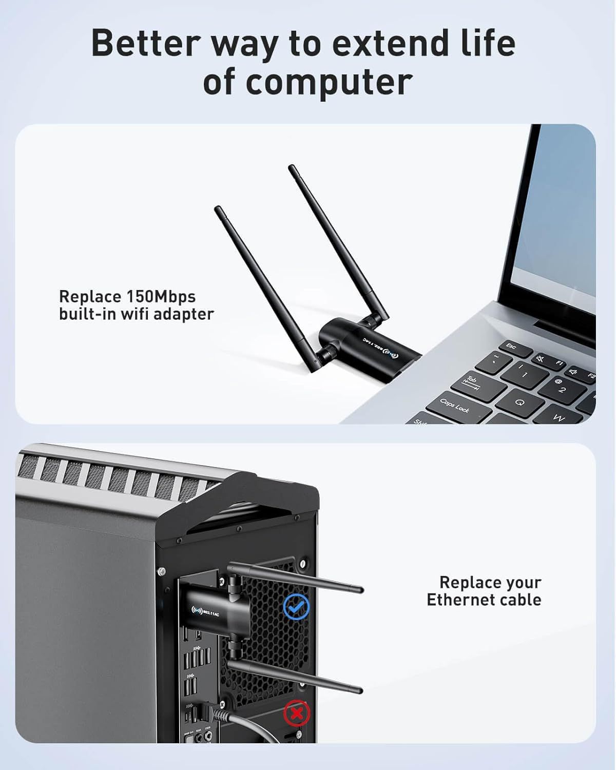 Demonstrates two distinct applications for the WiFi adapter: replacing a built-in 150Mbps WiFi adapter in laptops and replacing Ethernet cables in desktop computers, showing the product's…