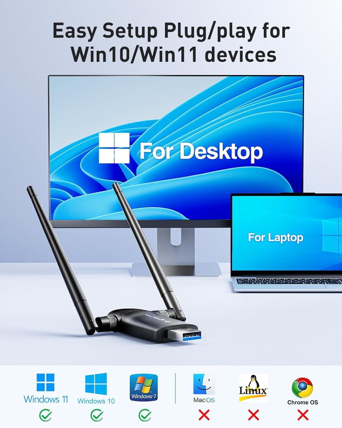 Demonstrates the product's compatibility across multiple Windows operating systems and device types (desktop and laptop), reassuring shoppers that it will work with their specific setup. Highlights…