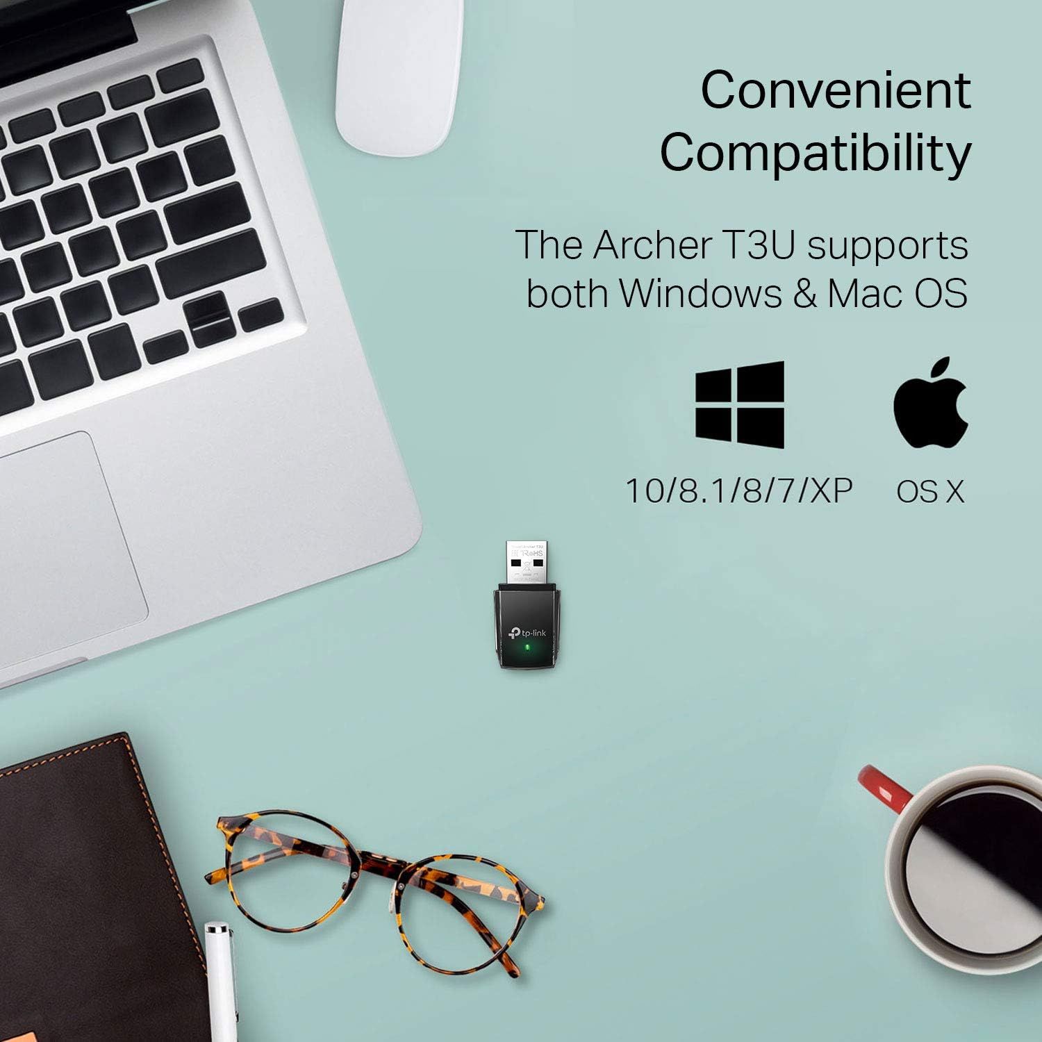 Communicates that the Archer T3U USB adapter works with both Windows and Mac operating systems, reassuring shoppers of broad compatibility across multiple platforms. Highlights the convenience…