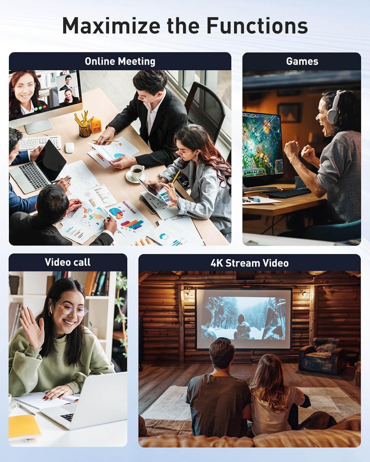 Demonstrates the product's versatility by showing multiple use cases including online meetings, gaming, video calls, and 4K video streaming to communicate that it can handle diverse activities.
