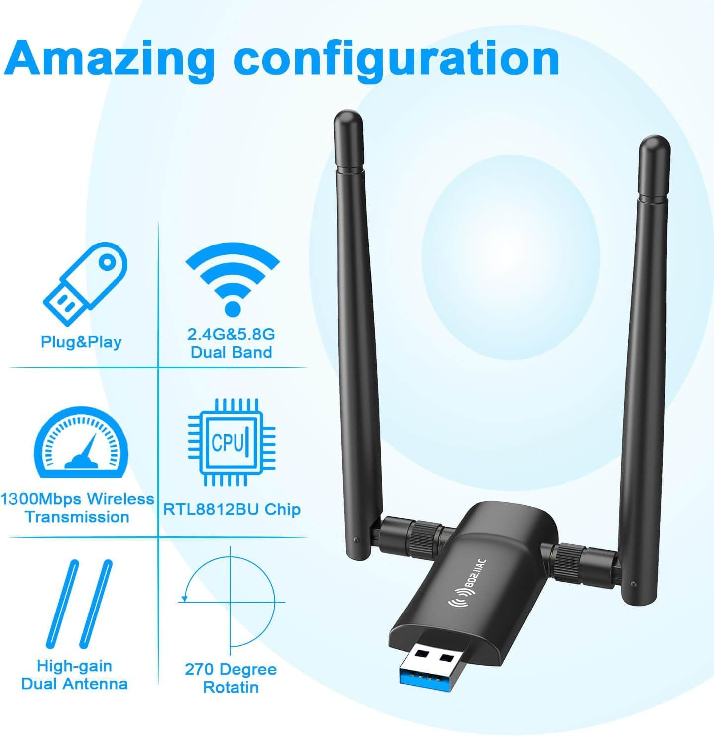 Communicates multiple technical features and benefits of the WiFi adapter in a segmented grid layout to help shoppers understand its capabilities and ease of use.