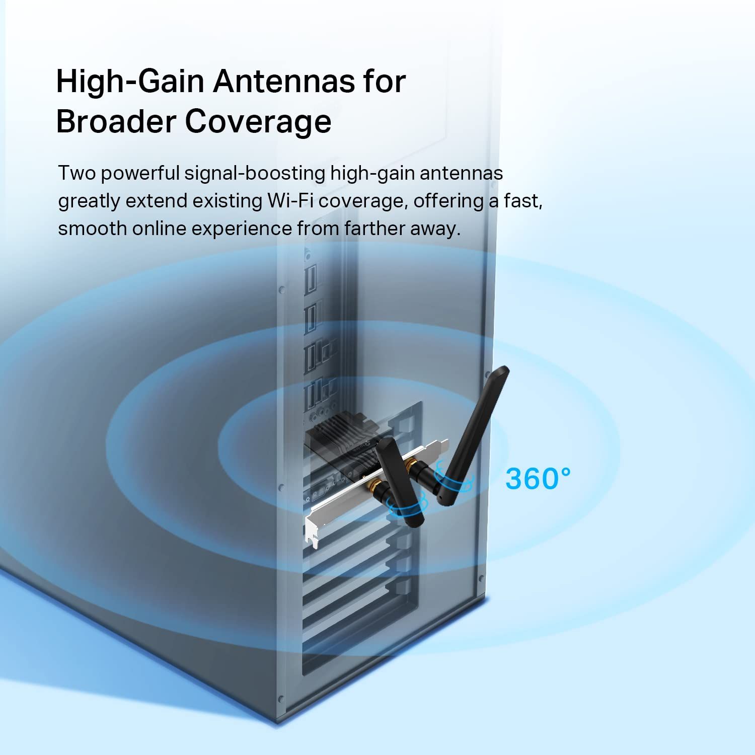 Communicates that the product features high-gain antennas that extend Wi-Fi coverage in all directions, providing faster and more reliable connectivity from greater distances.