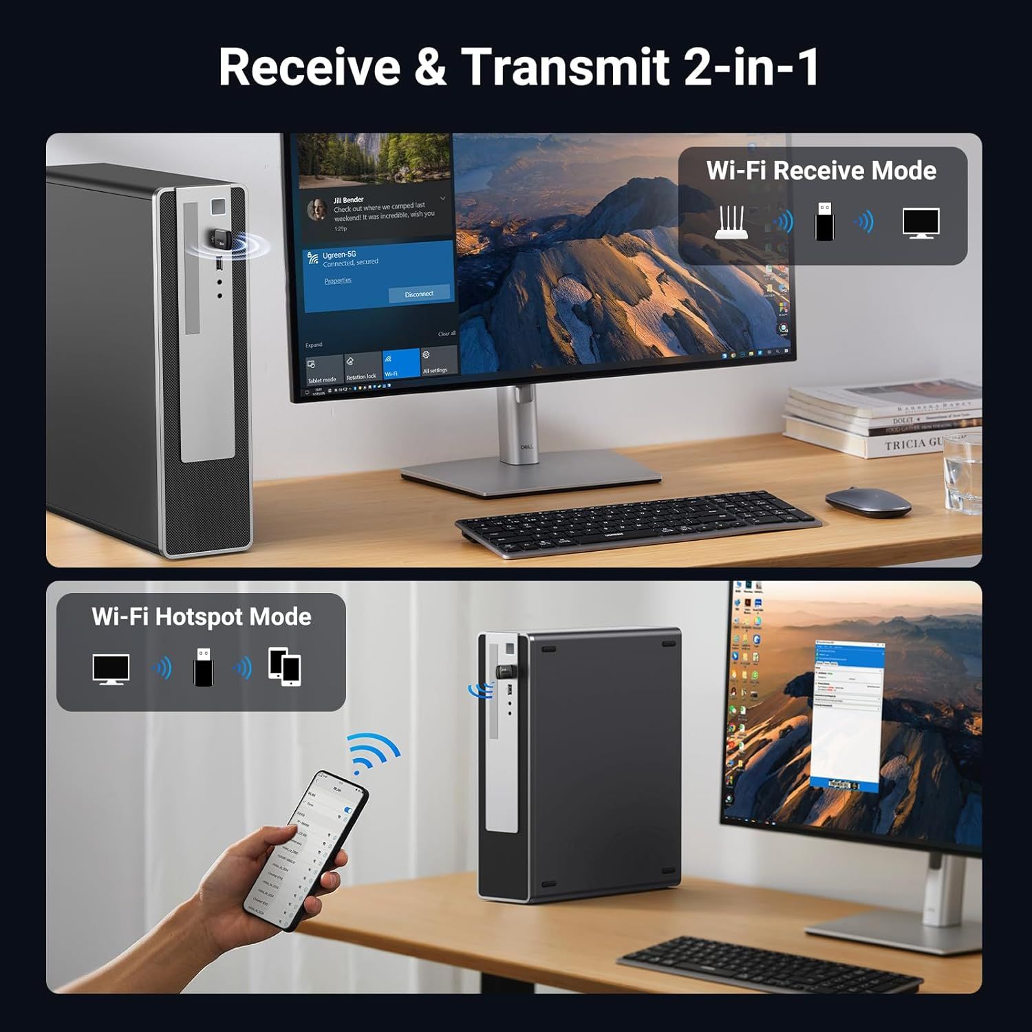 Demonstrates the product's dual functionality by showing two distinct use cases: receiving Wi-Fi signals to connect devices and creating a hotspot to share connectivity with mobile devices.…