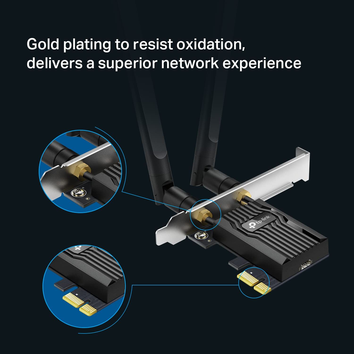 Highlights the gold-plated connectors and internal components to demonstrate superior build quality and oxidation resistance for reliable network performance.