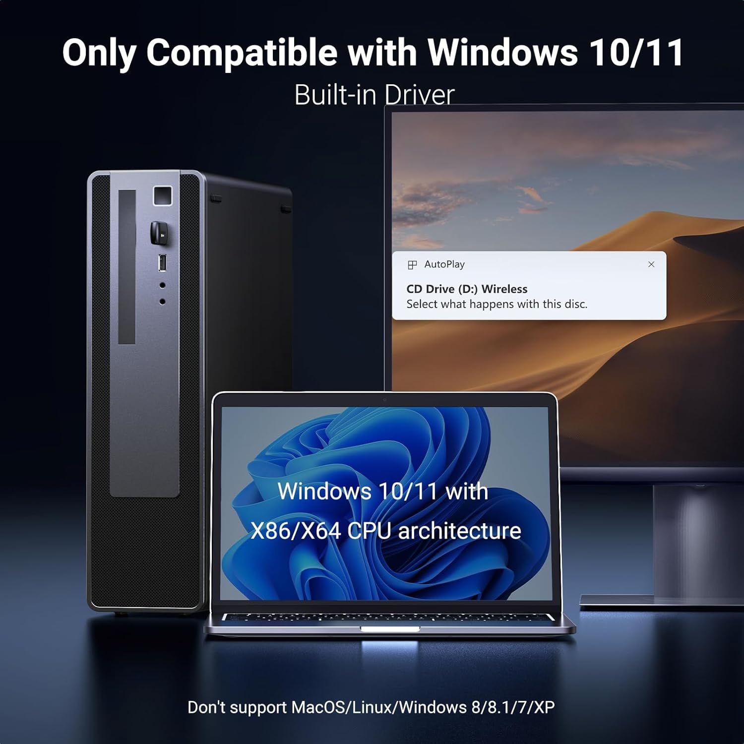 Communicates the product's system compatibility requirements, showing it works with Windows 10/11 and specific CPU architectures, while clarifying it doesn't support MacOS, Linux, or older Windows…