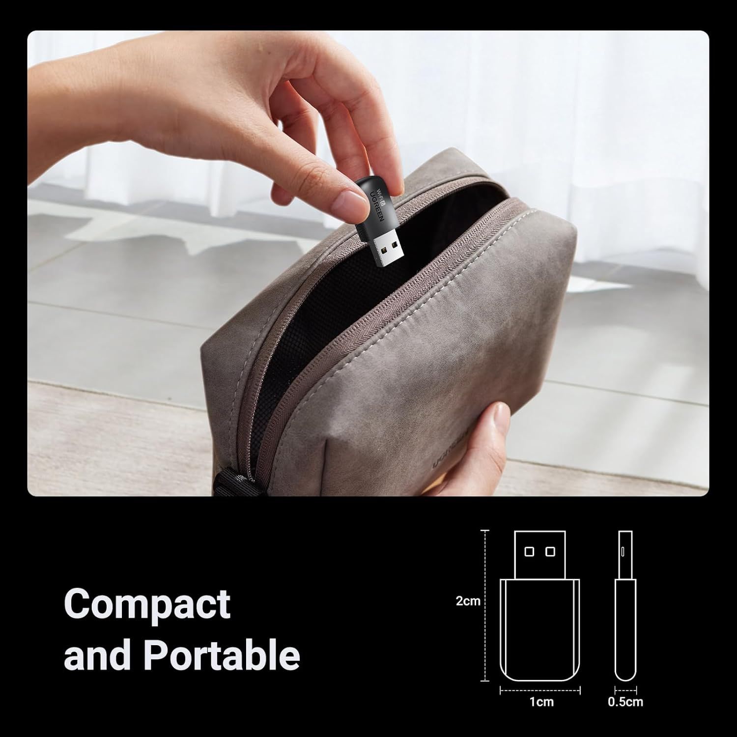 Demonstrates the small physical size of the USB device with exact measurements to reassure shoppers it is highly portable and easy to store. Highlights the product's compact and portable nature,…