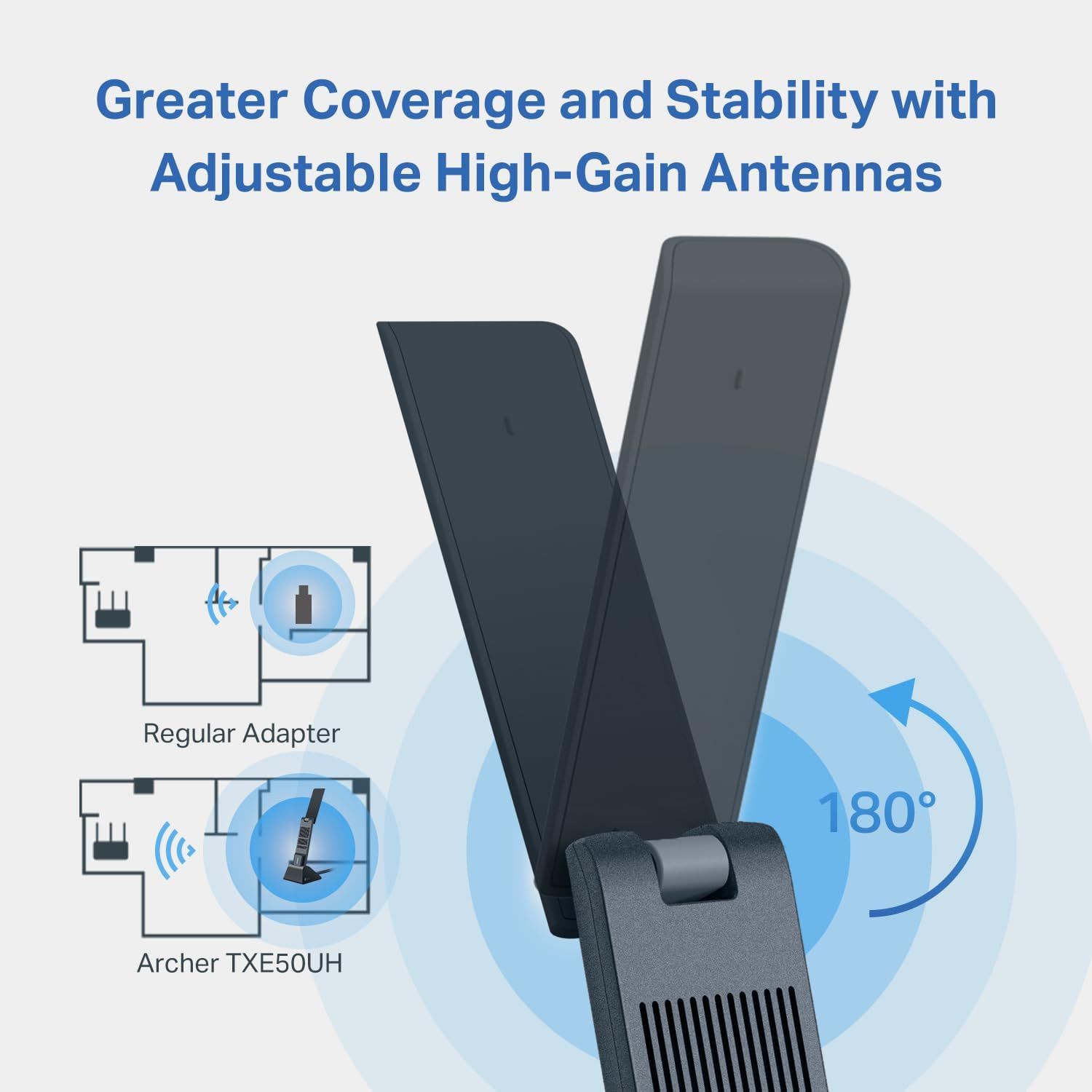 Demonstrates how the Archer TXE50UH's adjustable high-gain antennas provide superior coverage and stability compared to a regular adapter, reassuring shoppers of better wireless performance.…