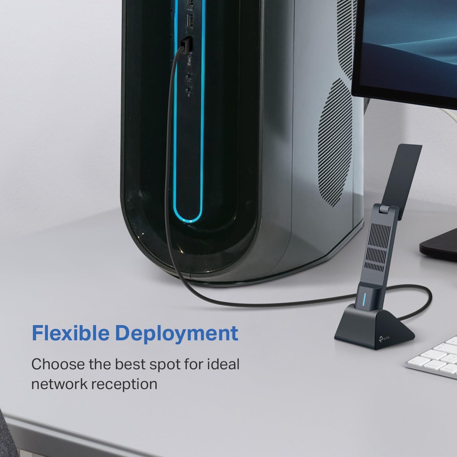 Communicates that the product (a network adapter or receiver) can be positioned flexibly via a long cable to optimize network reception, offering convenience and better connectivity.
