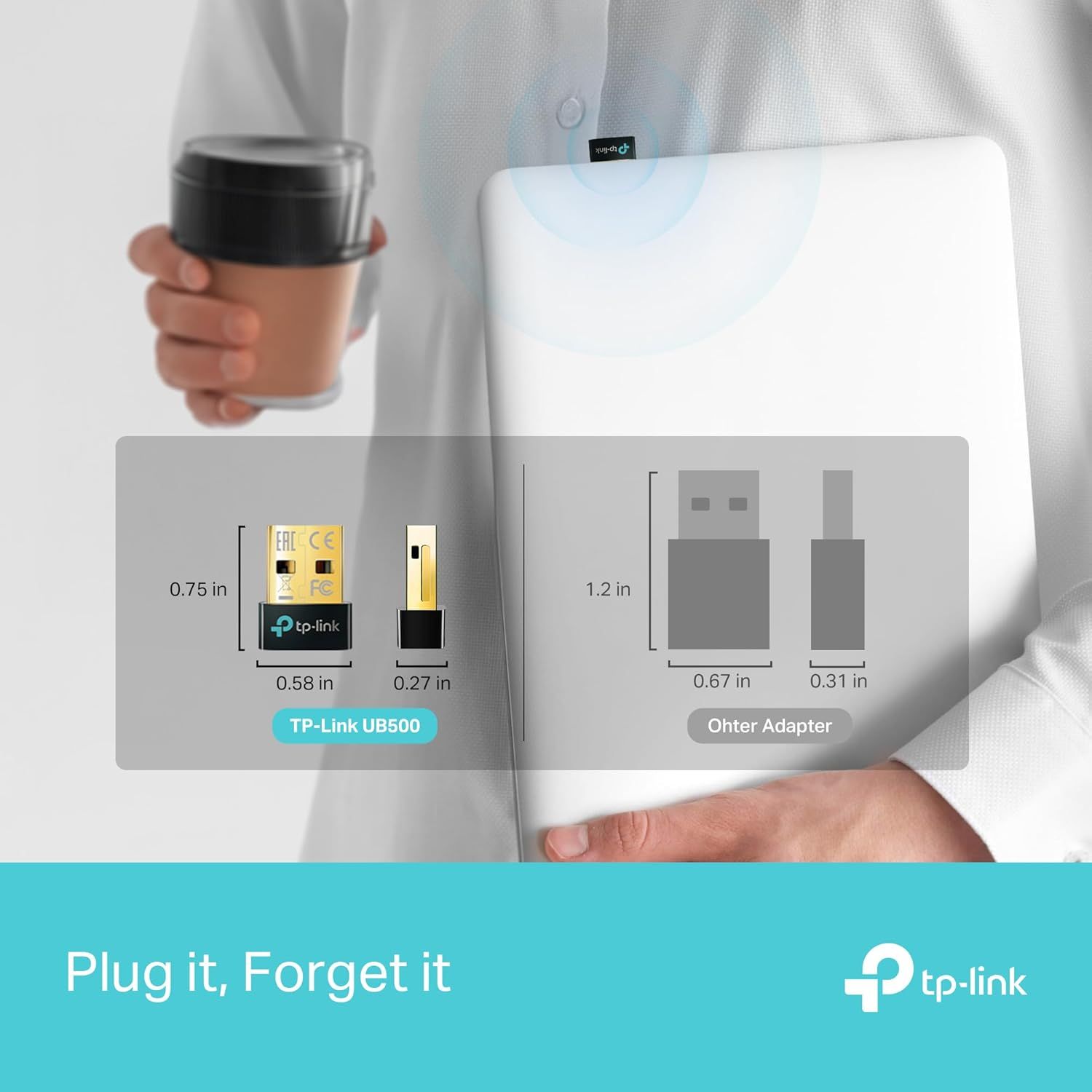 Demonstrates that the TP-Link UB500 adapter is significantly smaller and more compact than competing adapters, emphasizing its portability and unobtrusive design. Shows exact physical measurements…